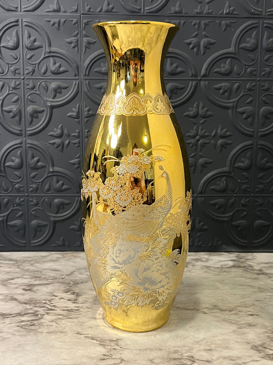 Gilded gold Japanese peacock vase