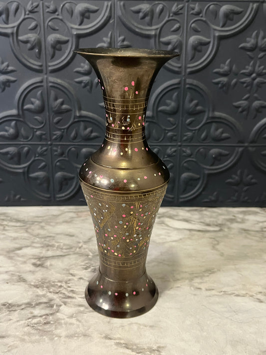 Etched Brass Vase with Polka Dot Design