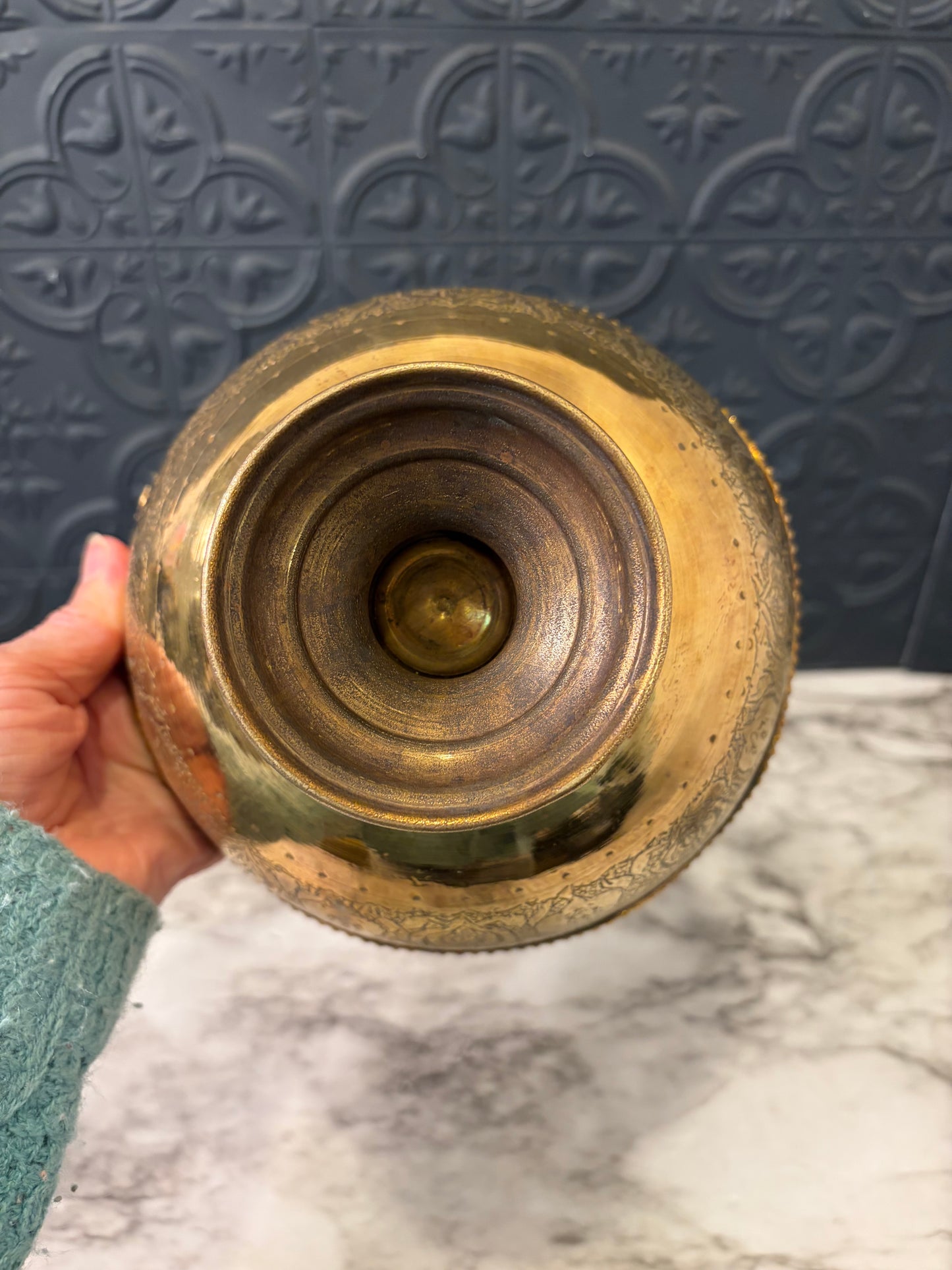 Middle Eastern Brass Pedestal Bowl with Engraved design