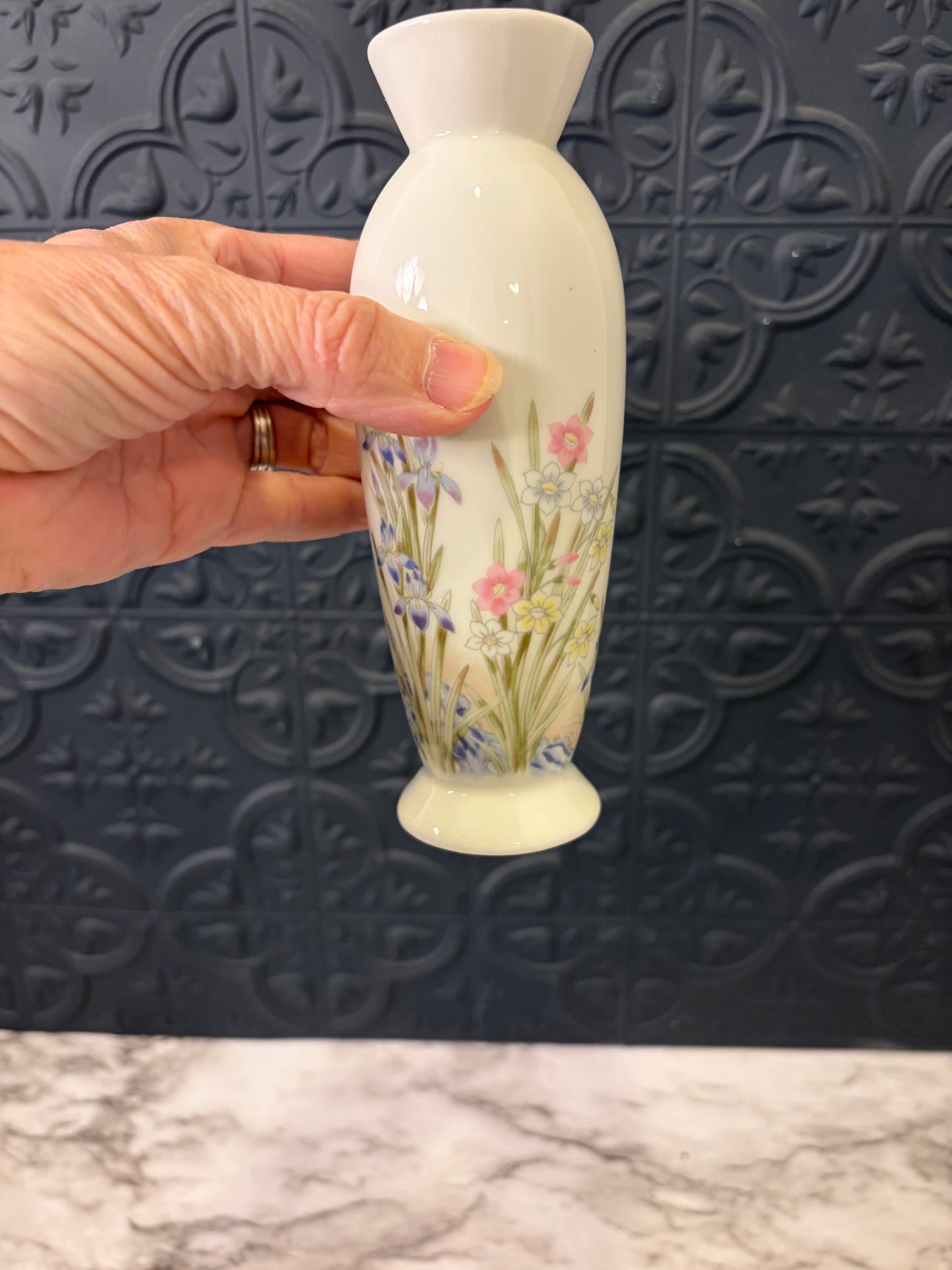 Small White Bud vase with pink and Purple Iris