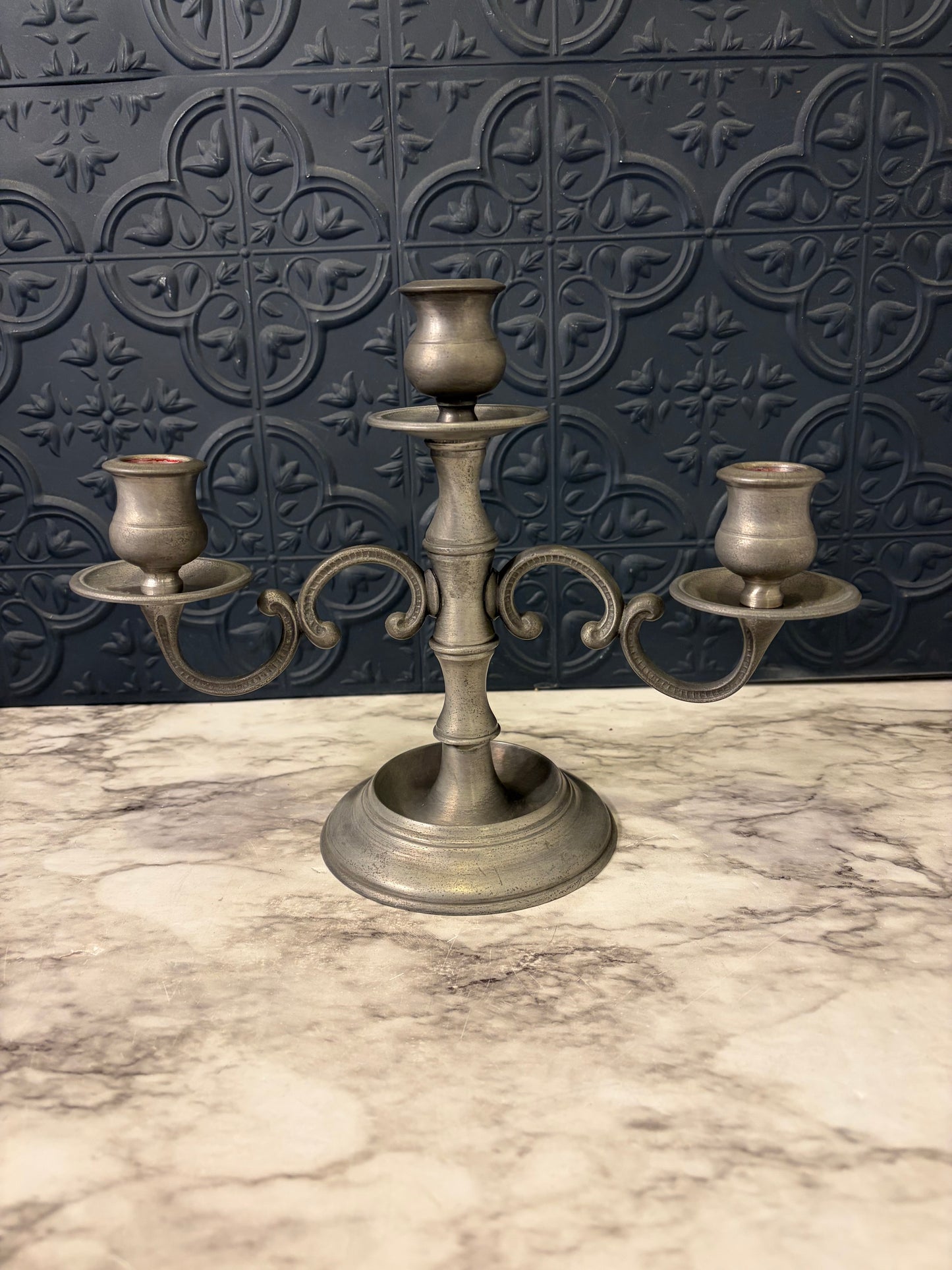 Vintage Pewter Candelabra with Three Heads