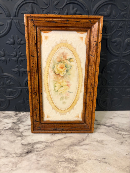 Decorative Floral Tile Framed in Rectangle Wood Frame