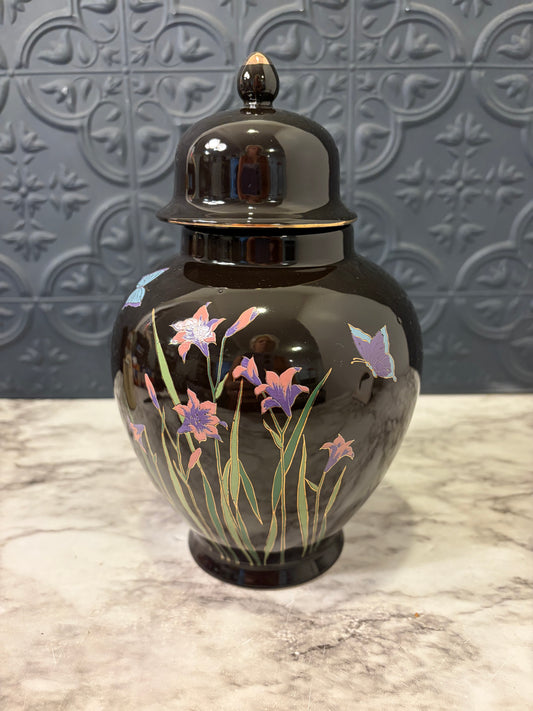 Black Ginger Jar with Lillies 8"