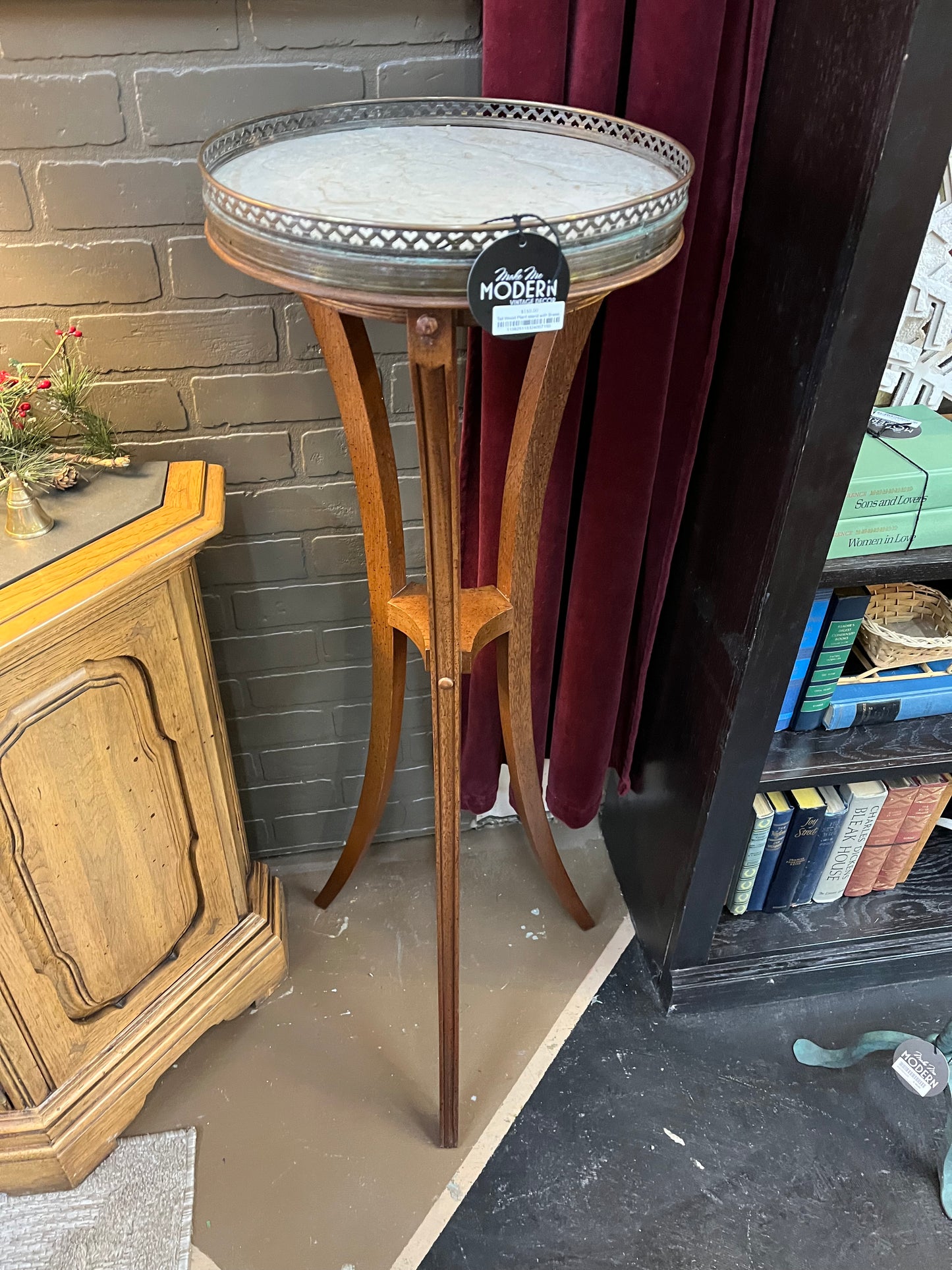 Tall Wood Plant stand with Brass and stone top