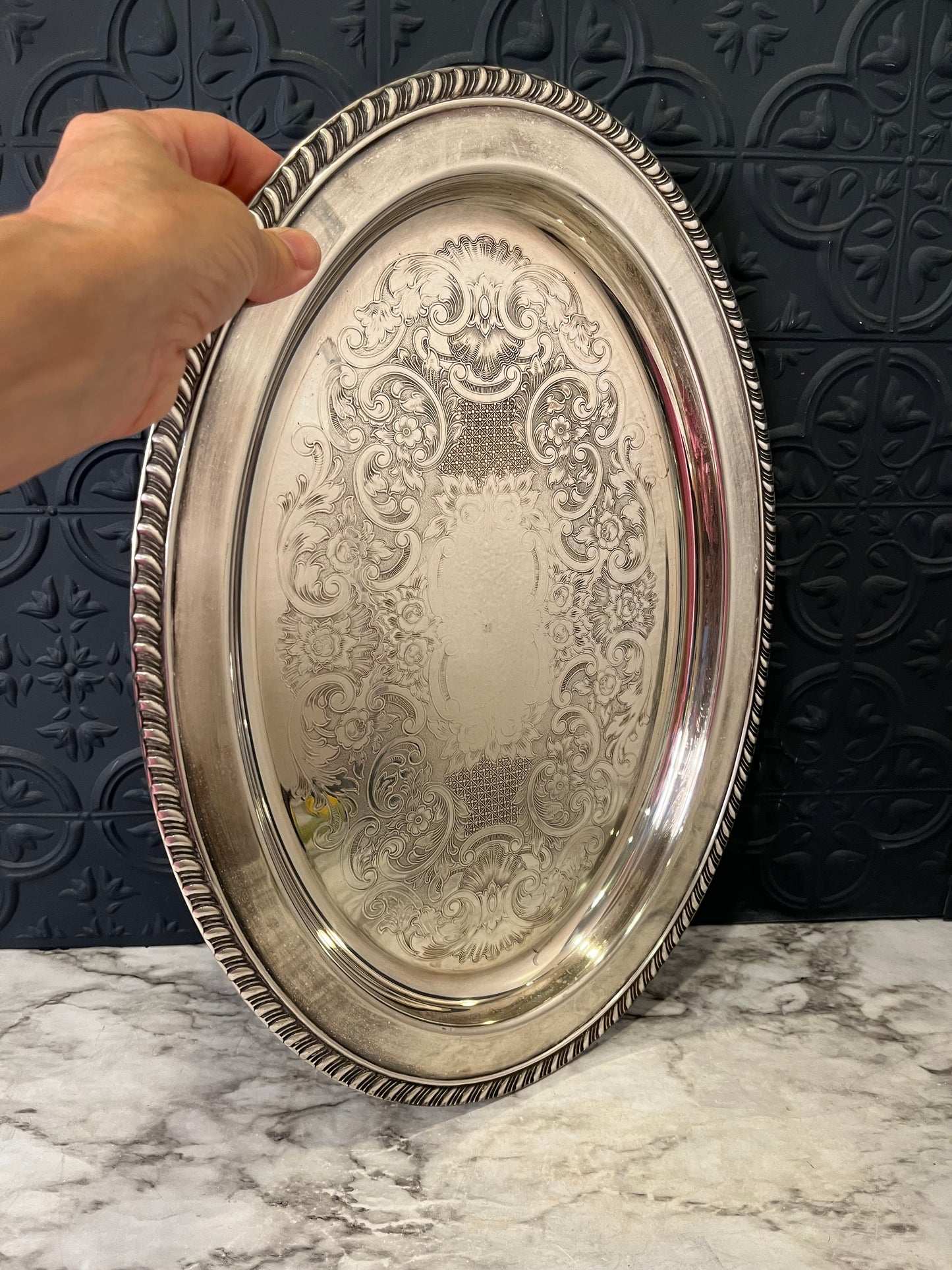 Silver Plate Tray 16" Oval Etched
