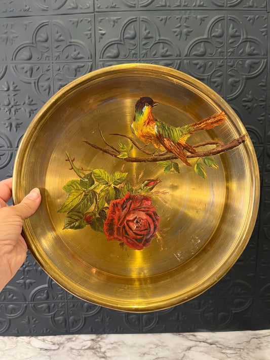 Brass Tray with Painted Bird and  flower