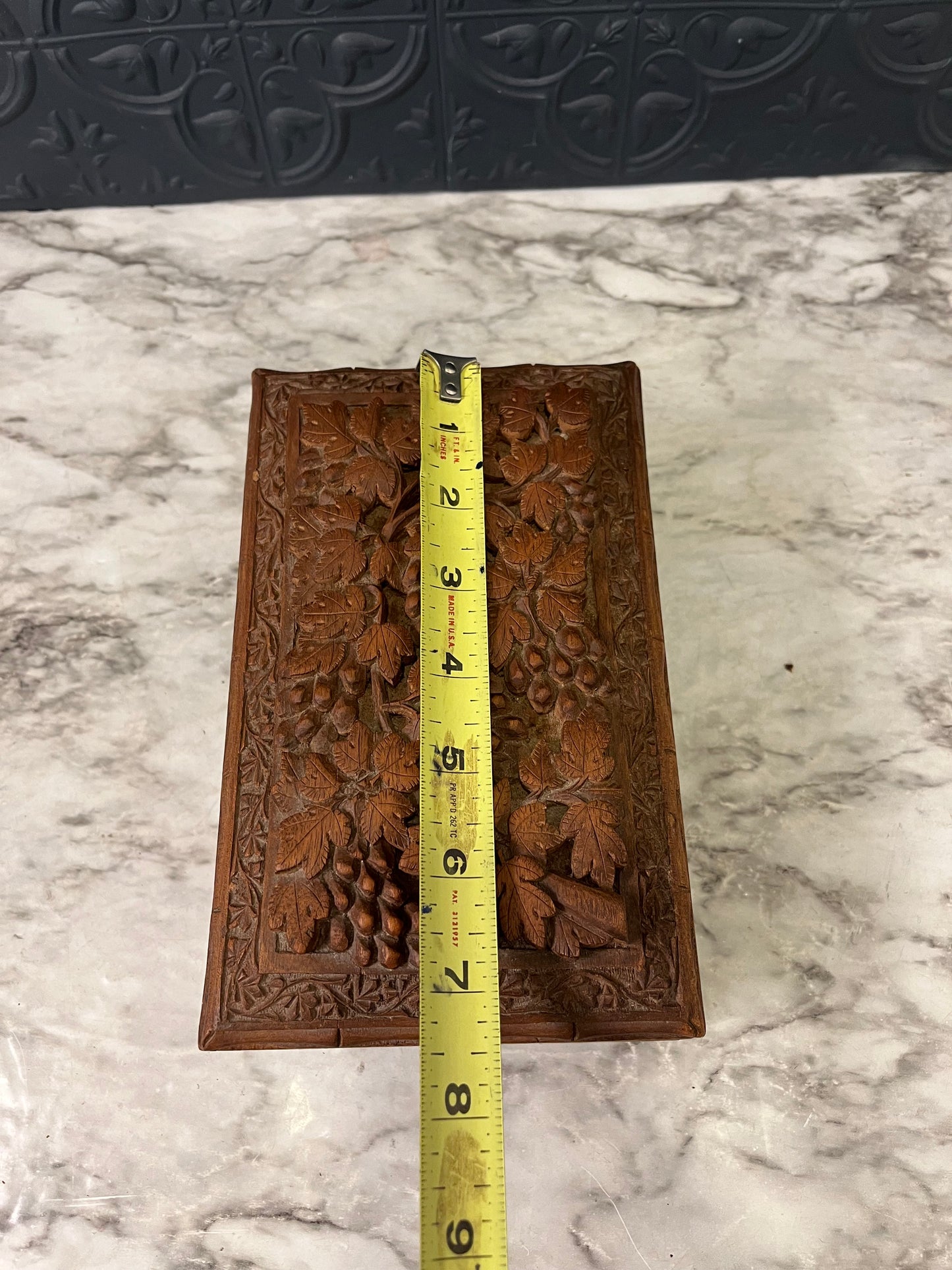 Intricately Carved Wood Box with Leaves