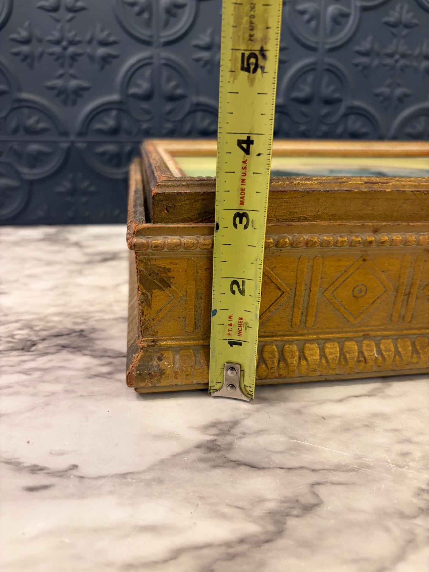 Vintage Wood Jewelry Box with Floral Lid