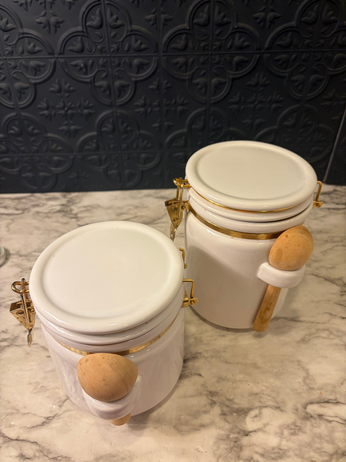 White Canister with Scoop  Set of 2
