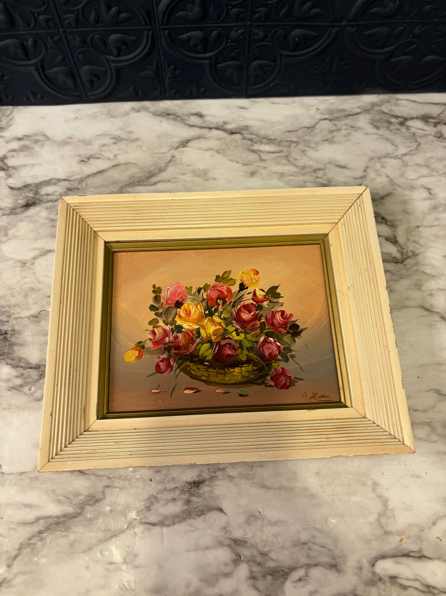 Red, Yellow Floral Oil Print in Cream Frame