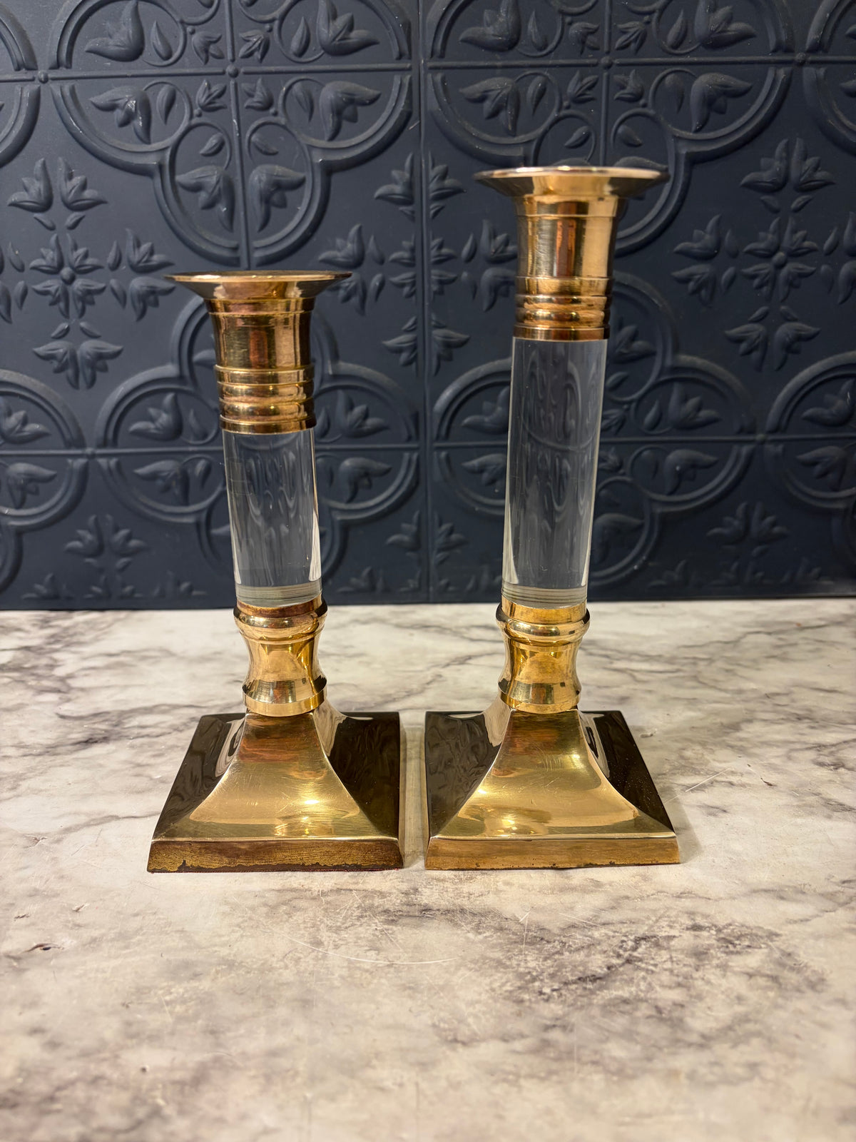 Brass and Lucite Candle Set of 2