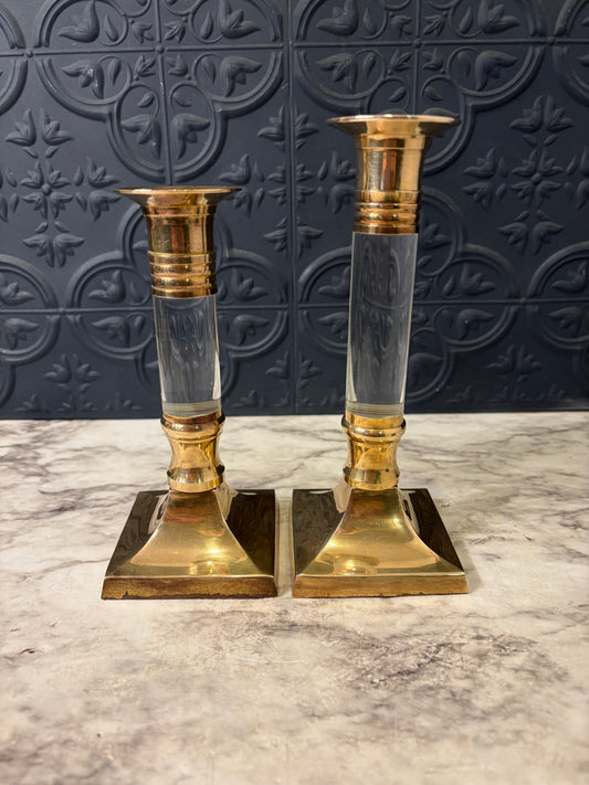 Brass and Lucite Candle Set of 2
