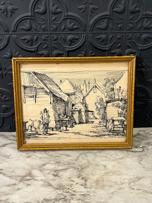 Ink Drawing in Gold Frame of Village
