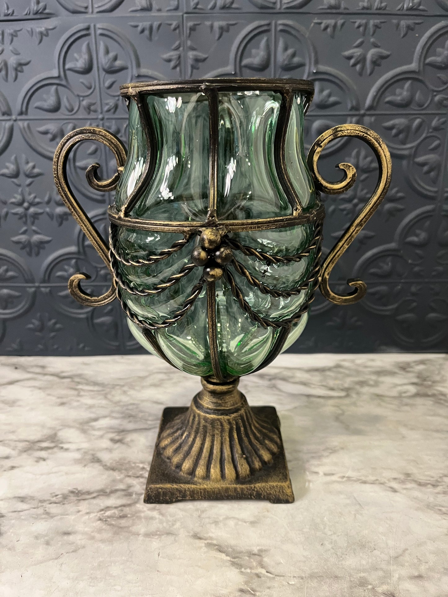 Caged Green Glass Pedestal Vase