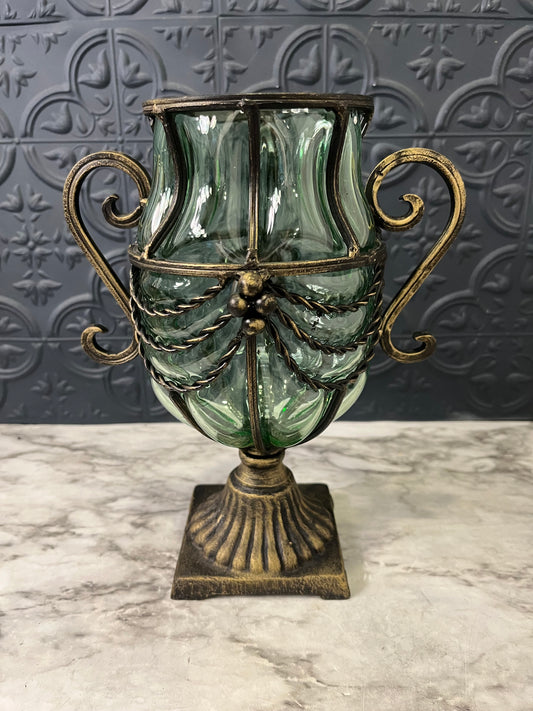 Caged Green Glass Pedestal Vase