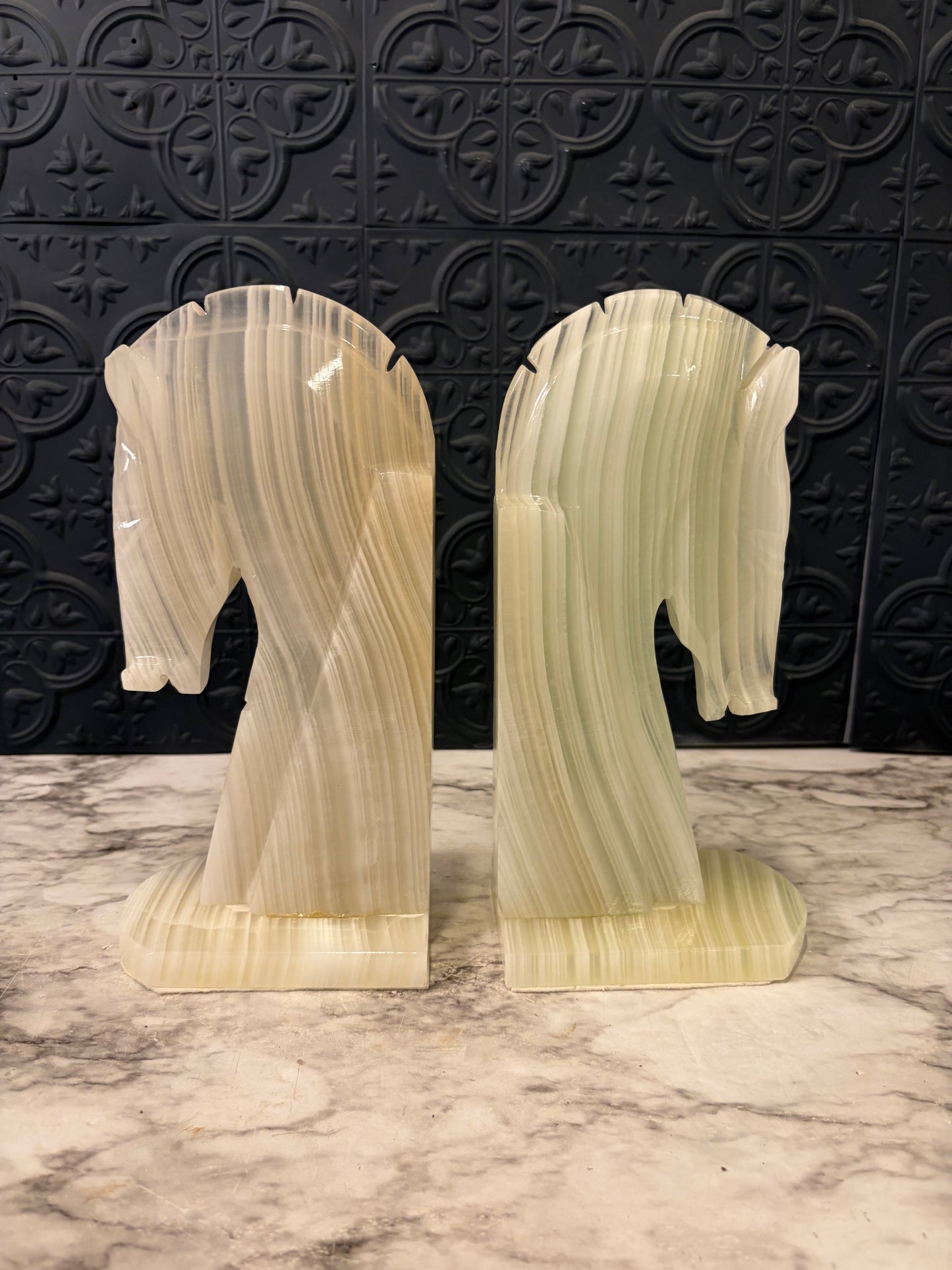 White Onyx Horse Head Bookends 10"