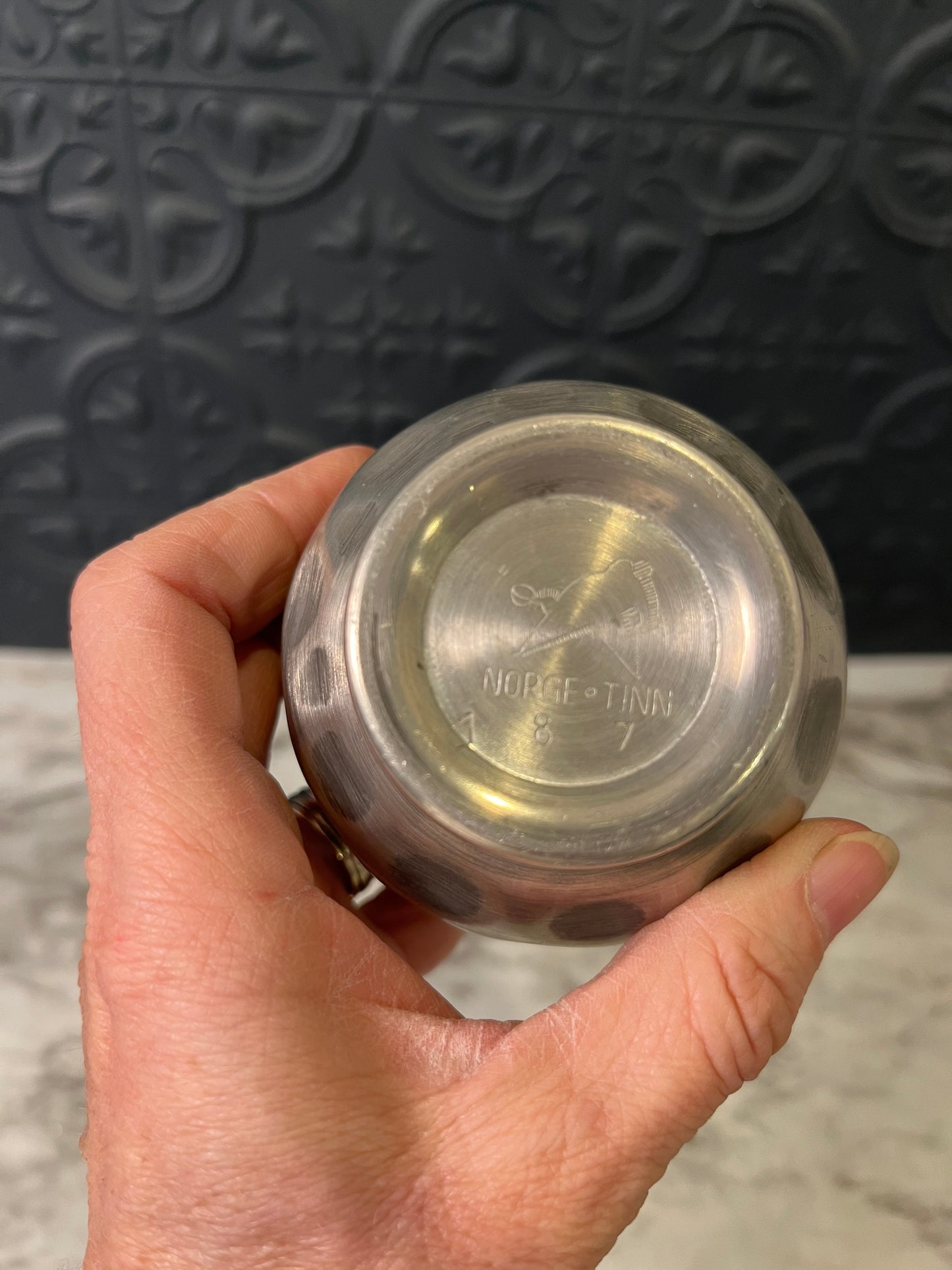 Norwegian Pewter Pitcher with Hammered Base