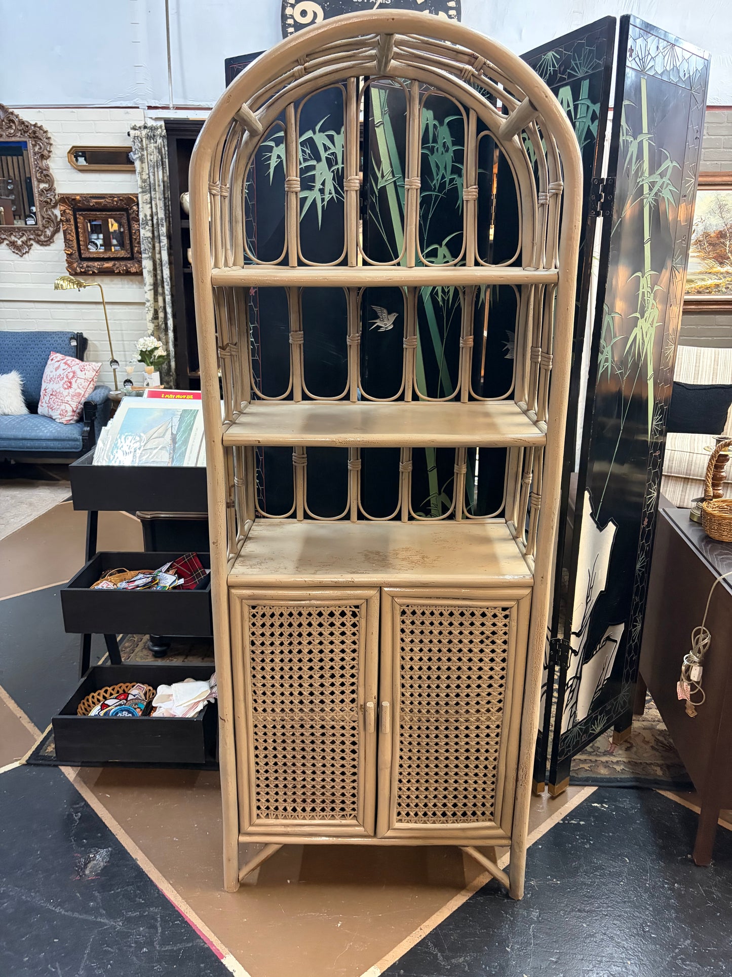 Grey Wicker Shelf with Cabinet Base