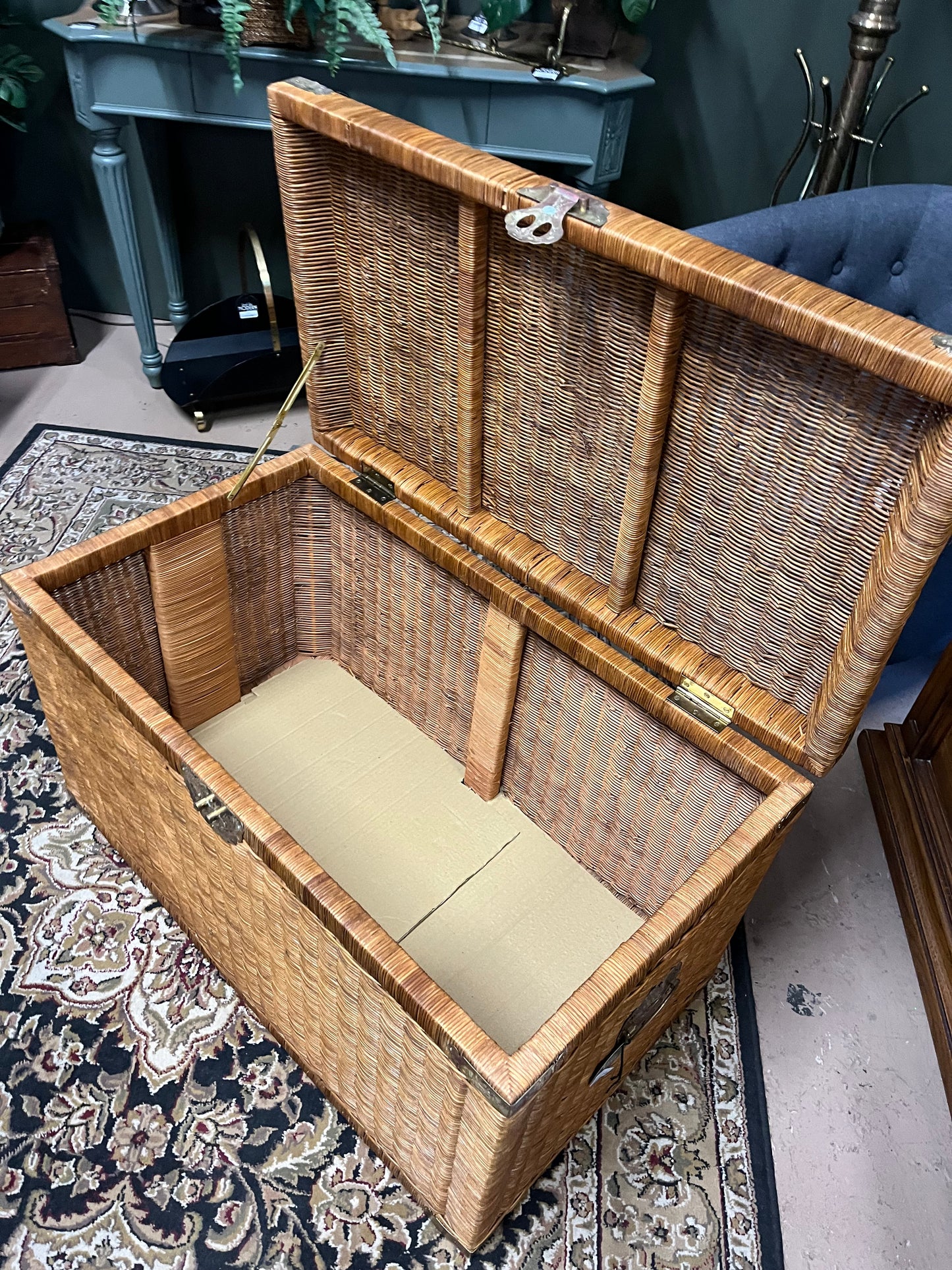 Large wicker Trunk with brass etched details