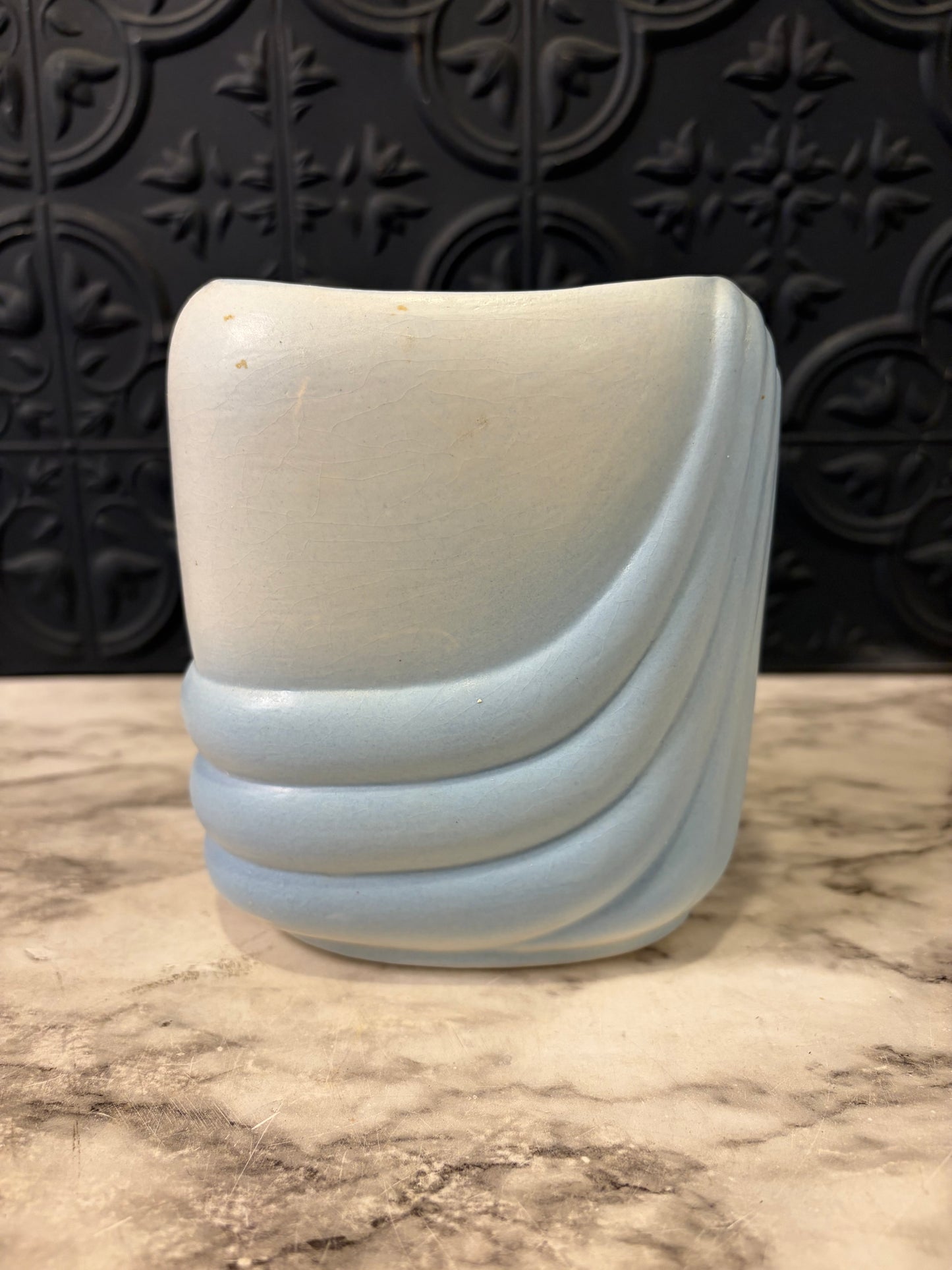 Blue Vase with Curved Geometric Design
