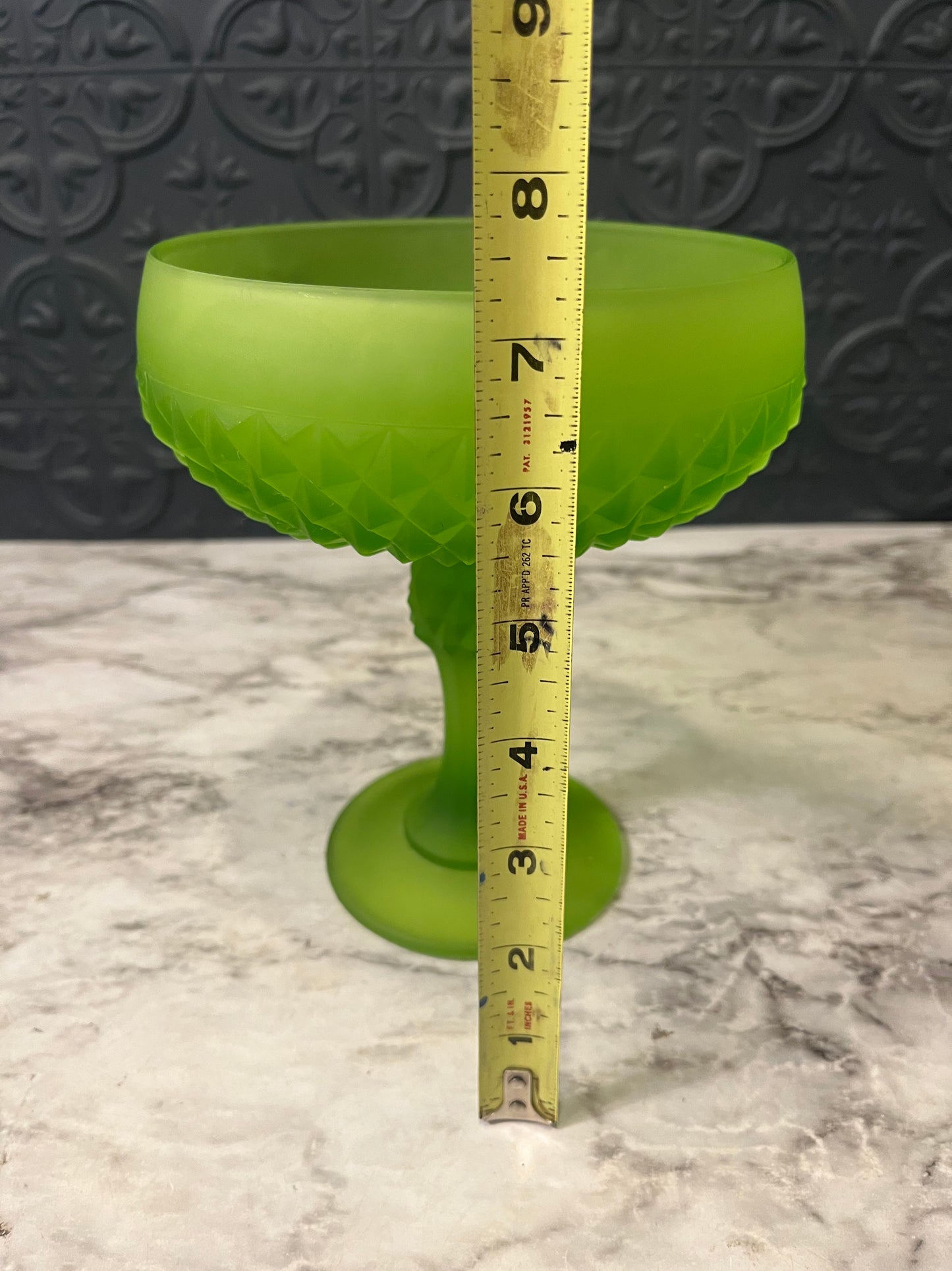 Indiana Glass Satin Green Diamond Point Pedestal dish