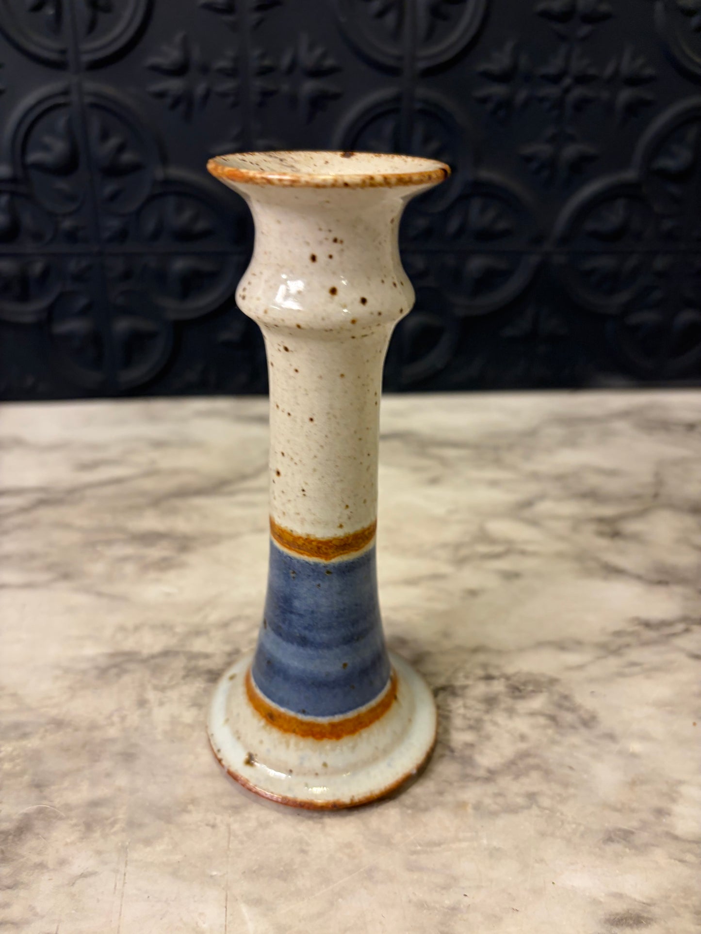 5.5" Stoneware Pottery Candle Holder Blue and Orange Stripes
