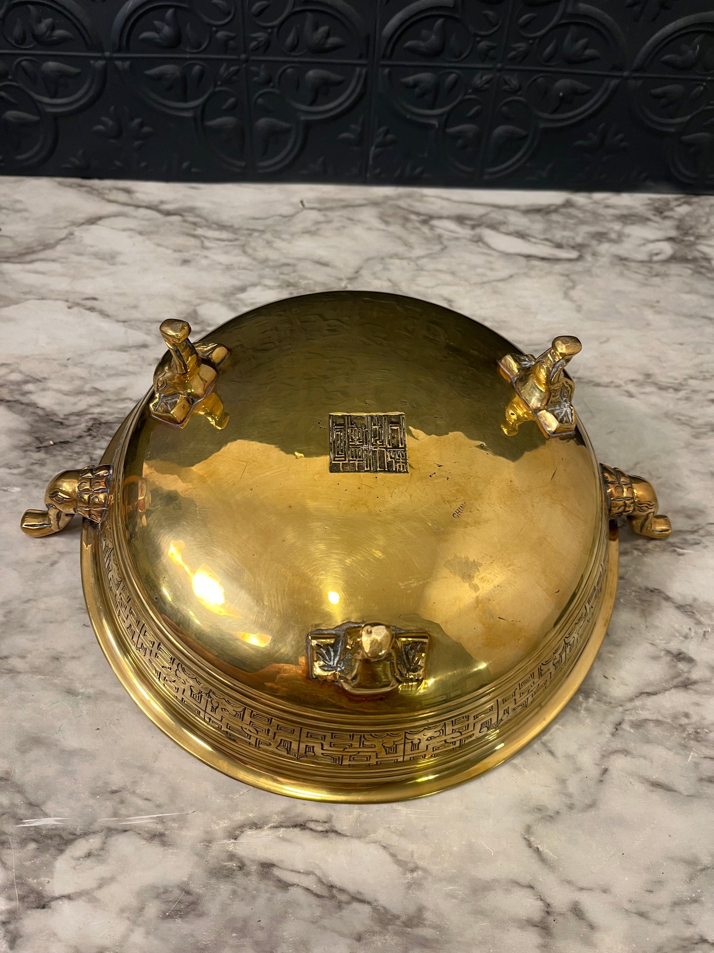 Solid Brass Footed Bowl with Handles and Etching around Rim