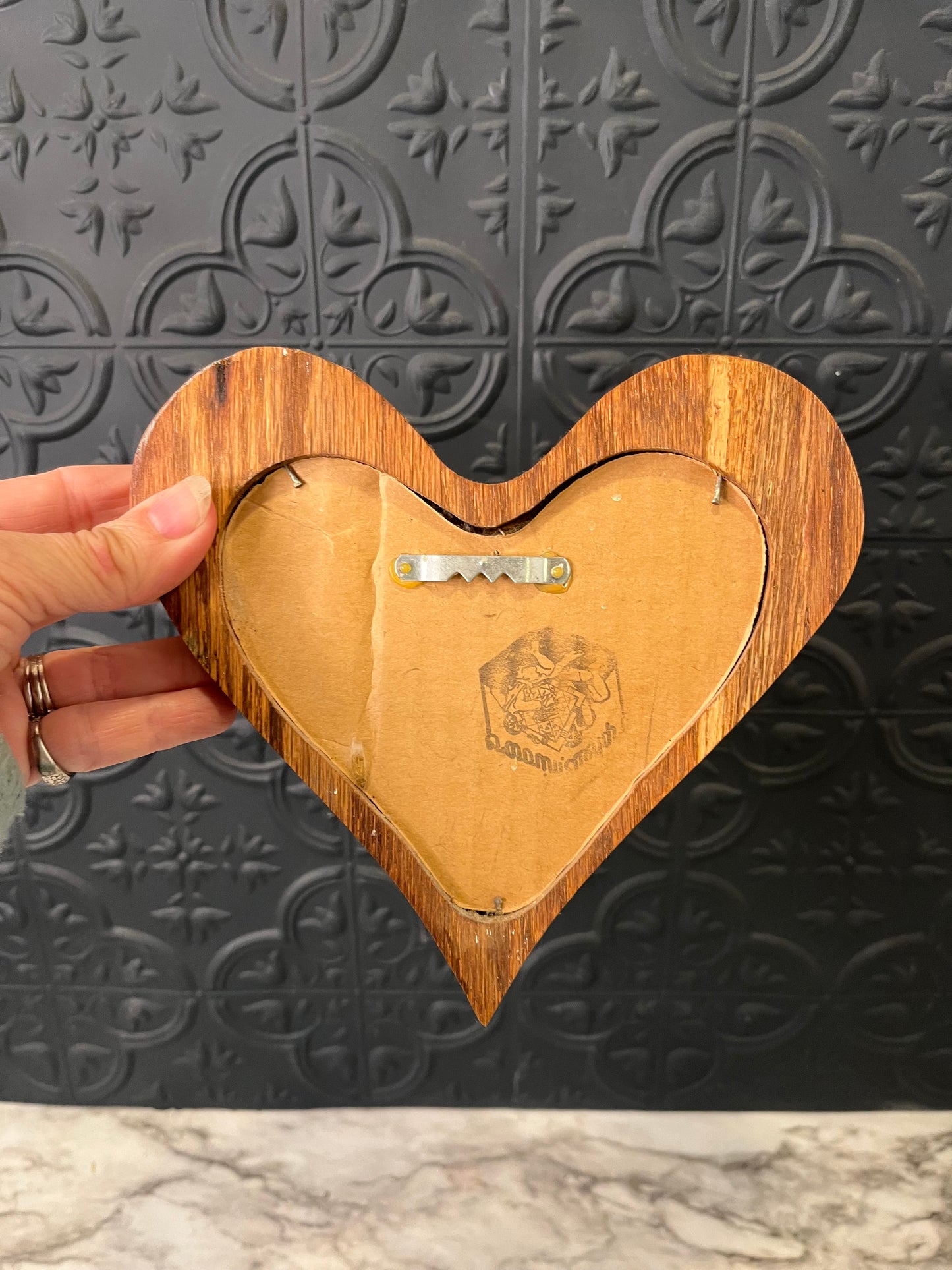 Vintage Wood Heart Mirror with Leaf Design