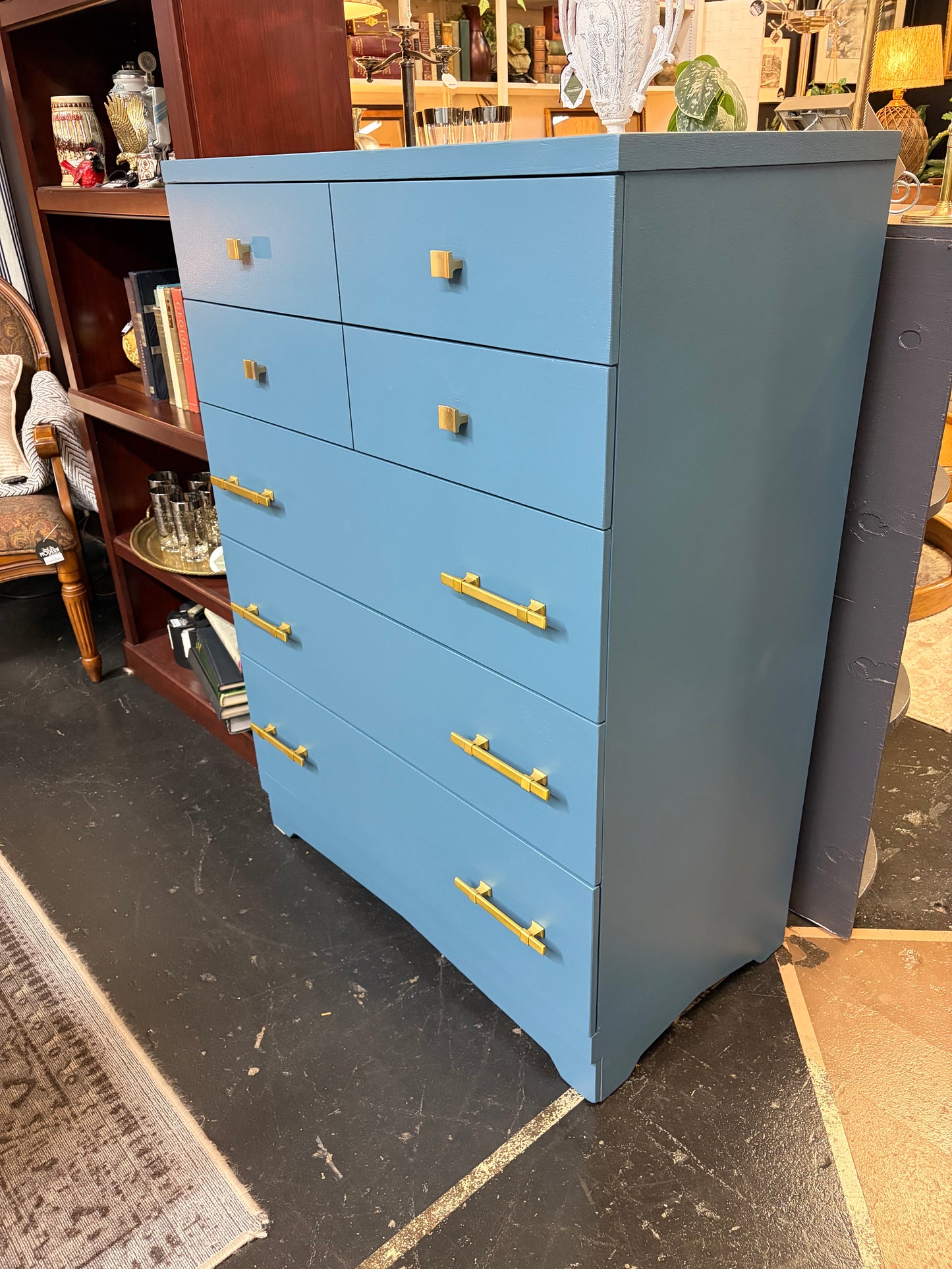 Tallboy Dresser Painted Blue with Gold Handles