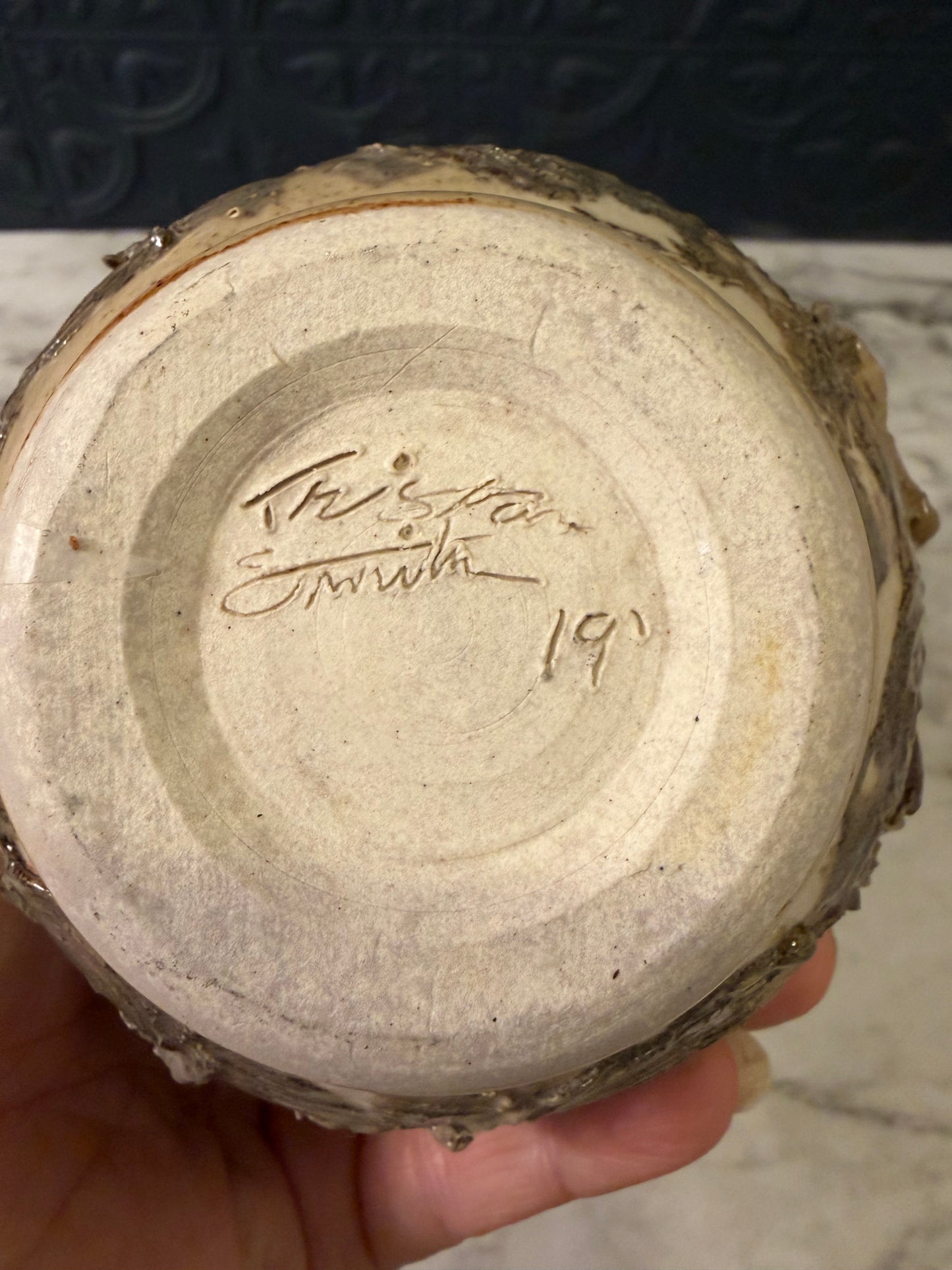 Studio Pottery Bowl Cream with Brown Swirl at bottom