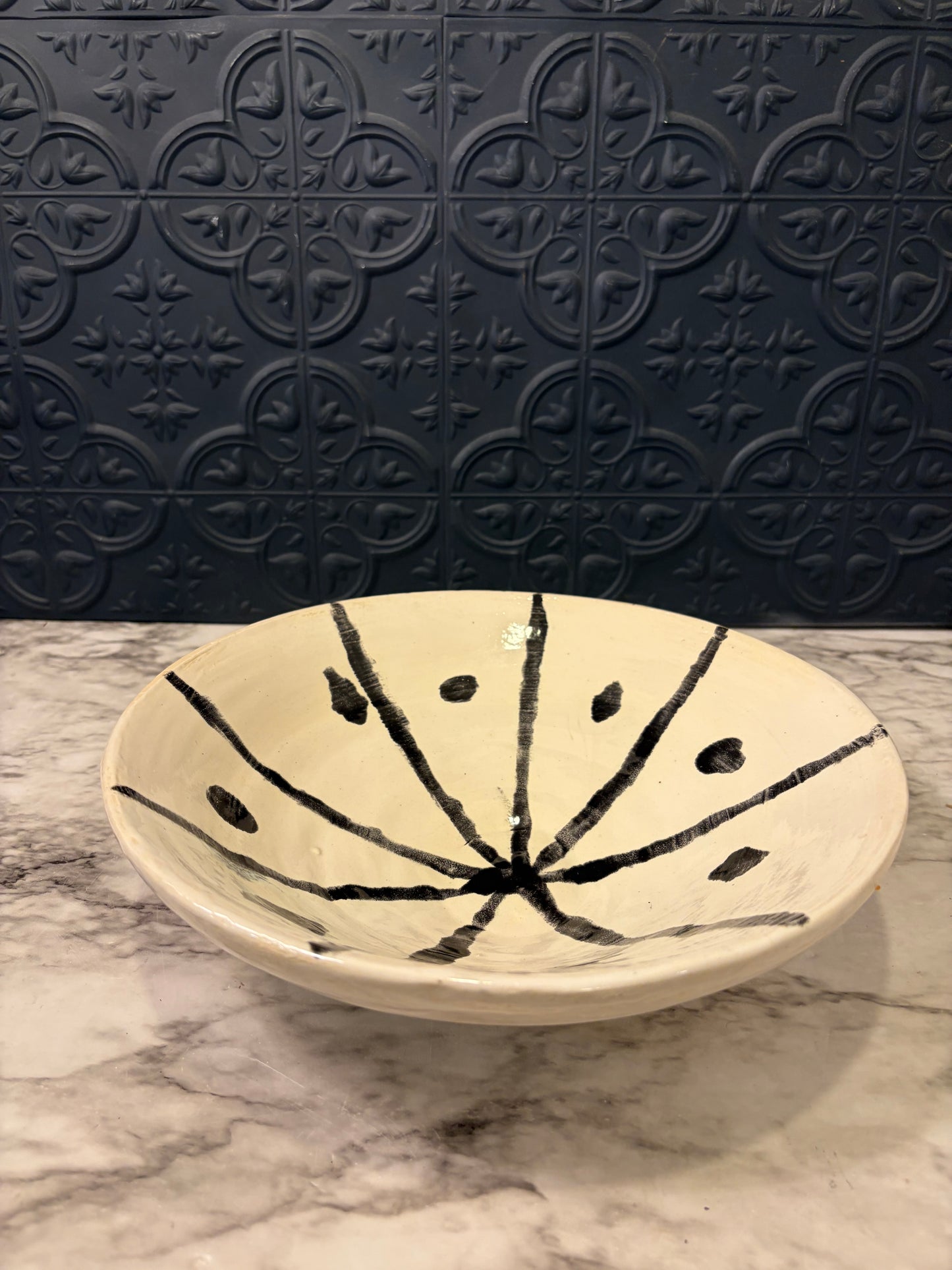 Studio Pottery Cream Bowl with Black Lines and Dots