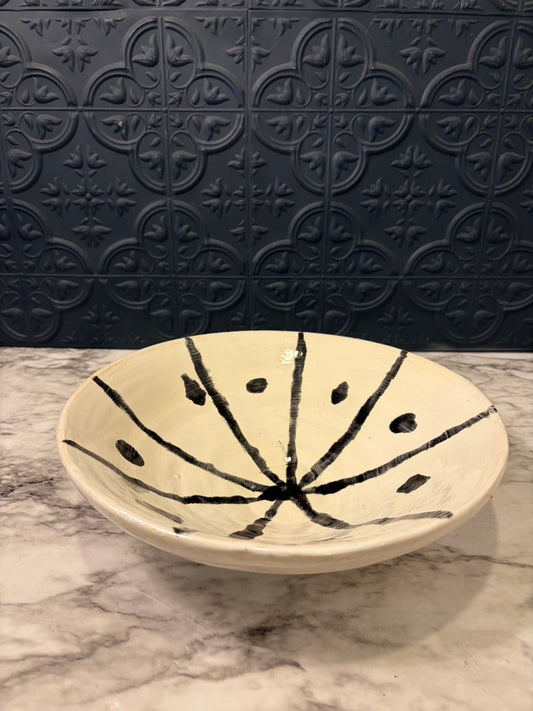 Studio Pottery Cream Bowl with Black Lines and Dots