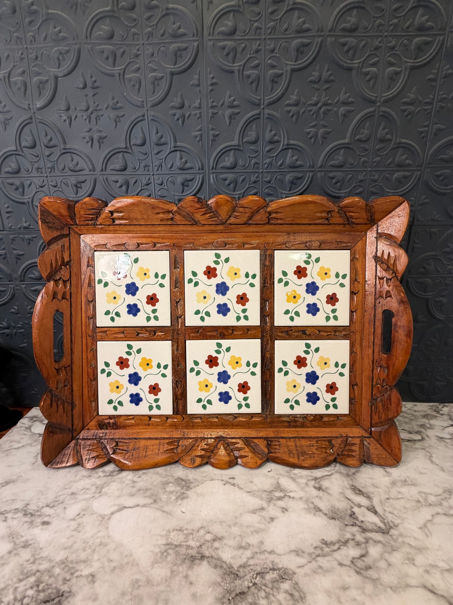 Wood Carved Serving Tray with Foral Ceramic Tiles