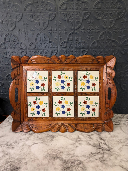Wood Carved Serving Tray with Foral Ceramic Tiles
