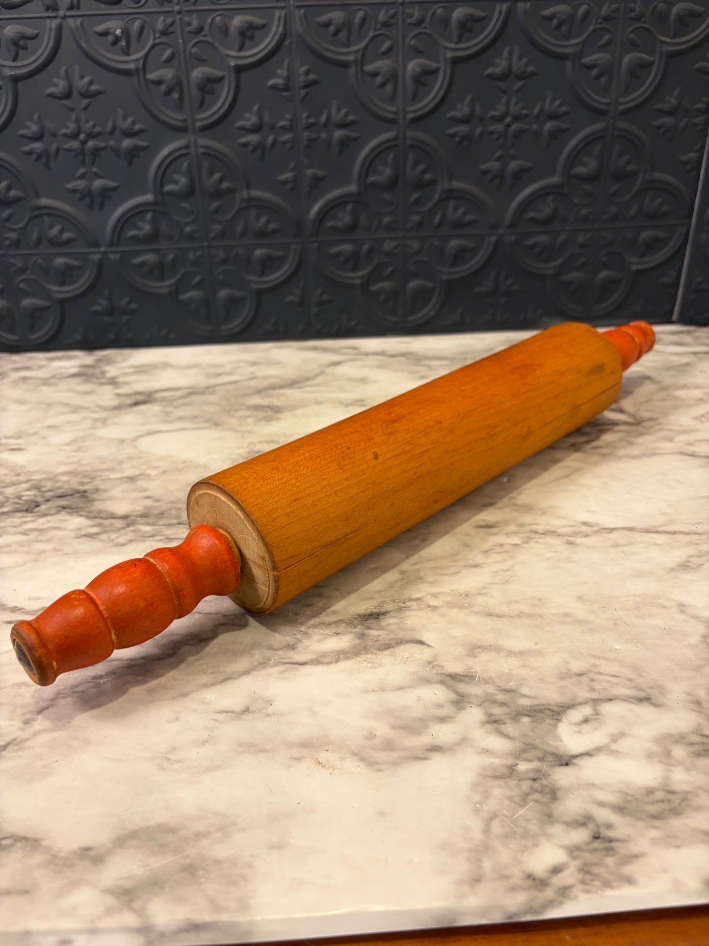 Wooden Rolling Pin with Faded Red Turned Handle
