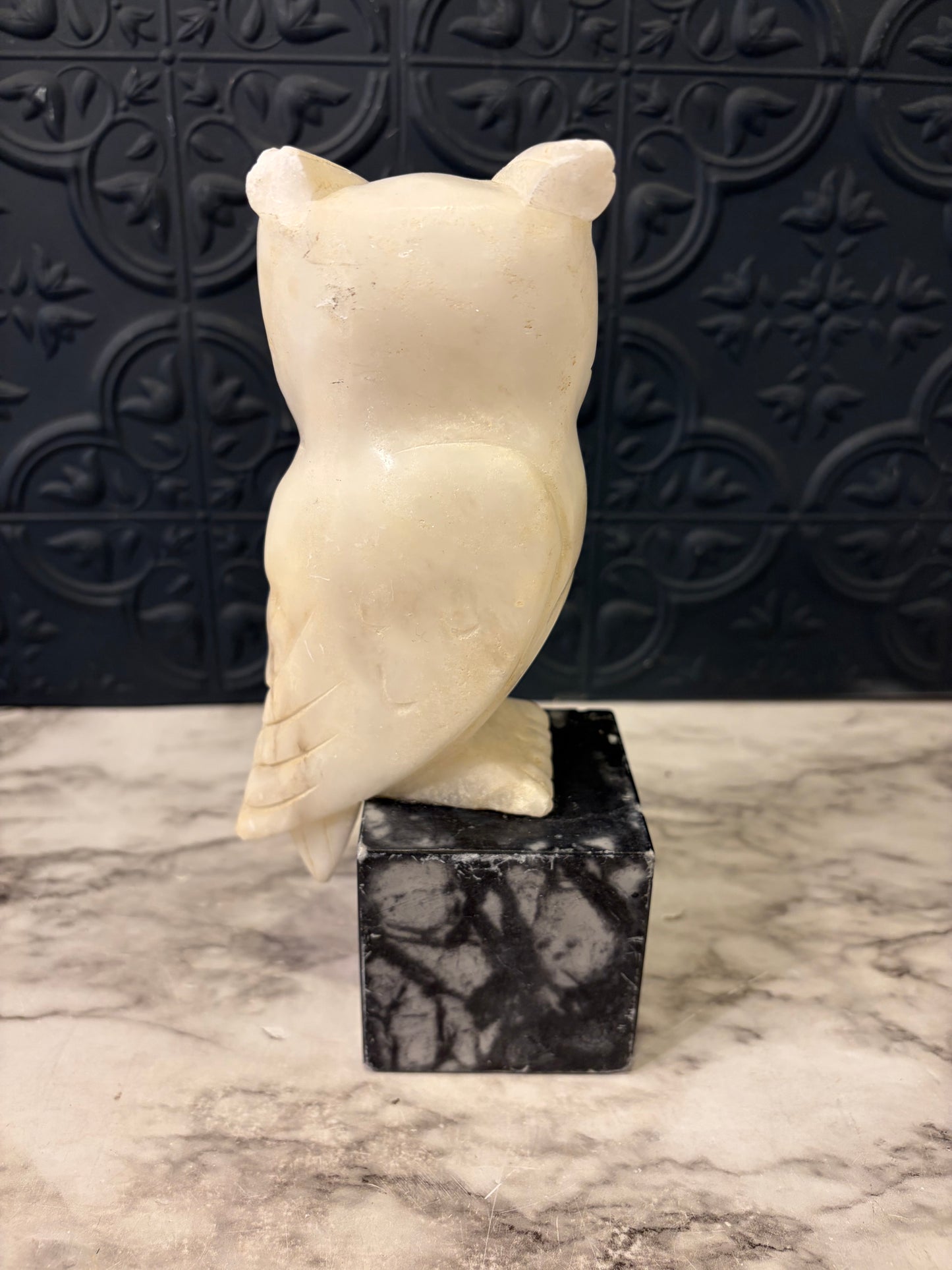 Carved Stone Owl On Marble Base AS IS