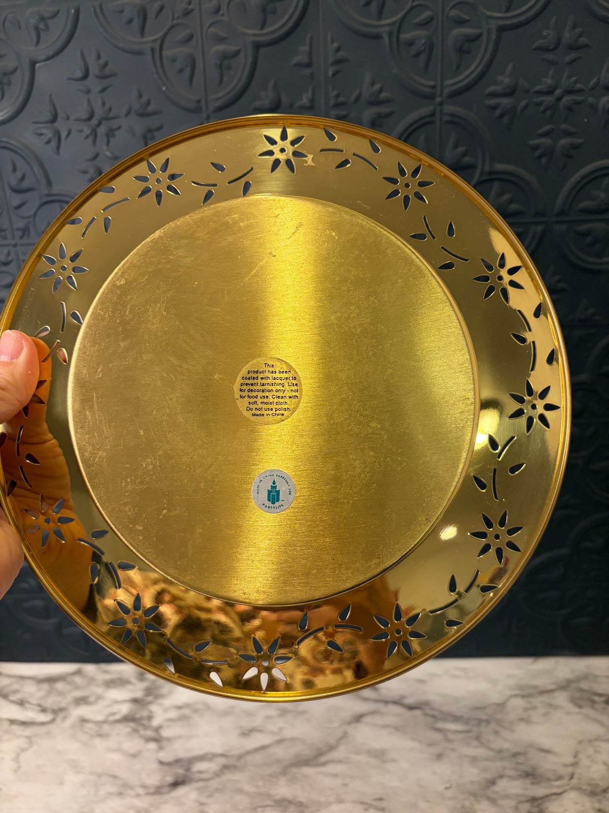 Brass Partylite Charger with Fower cutouts