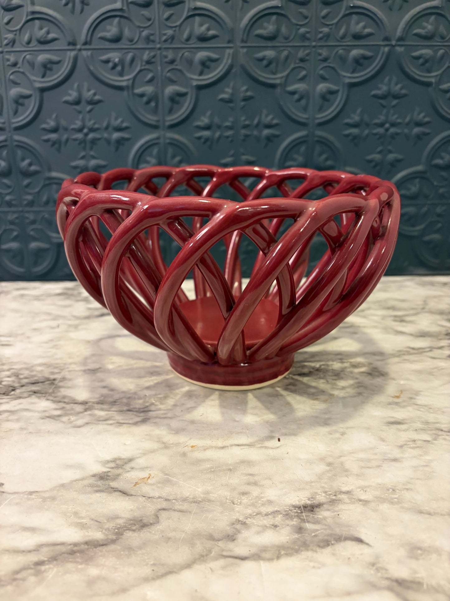 Maroon Ceramic Basket Weave Bowl