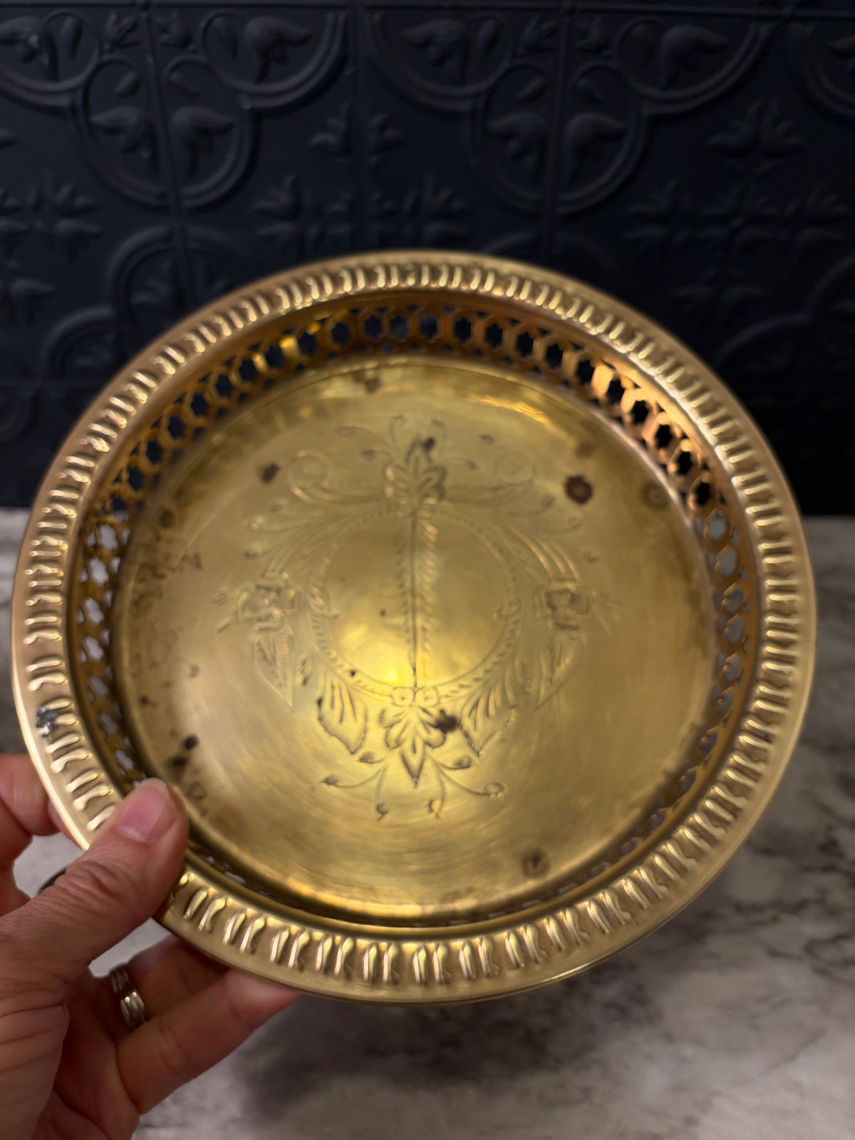 Etched Brass Tray with 6 Mini Brass Goblets