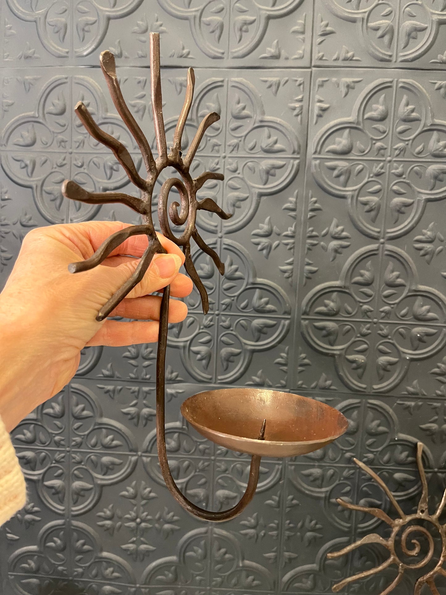 Vintage Pier One Wrought Iron Sun Scroll Sconce Pair
