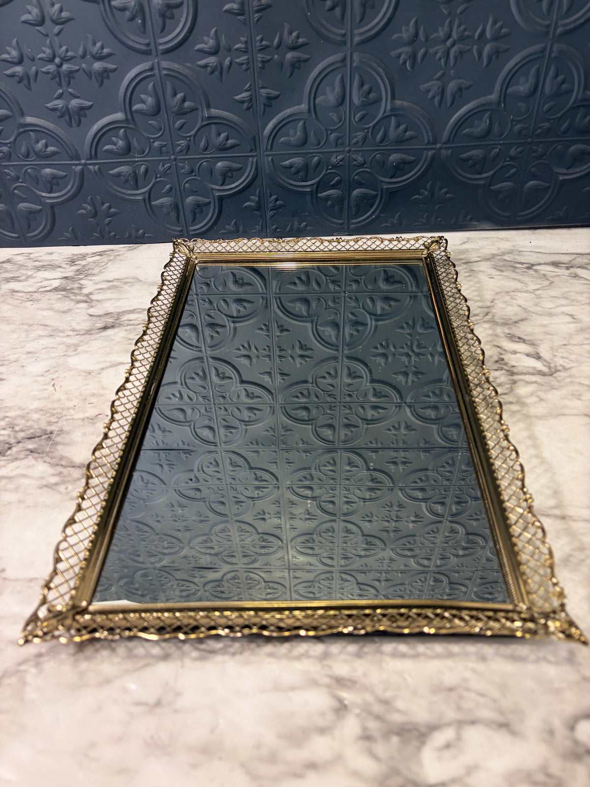 14" Mirror Tray with Delicate Filigree edging