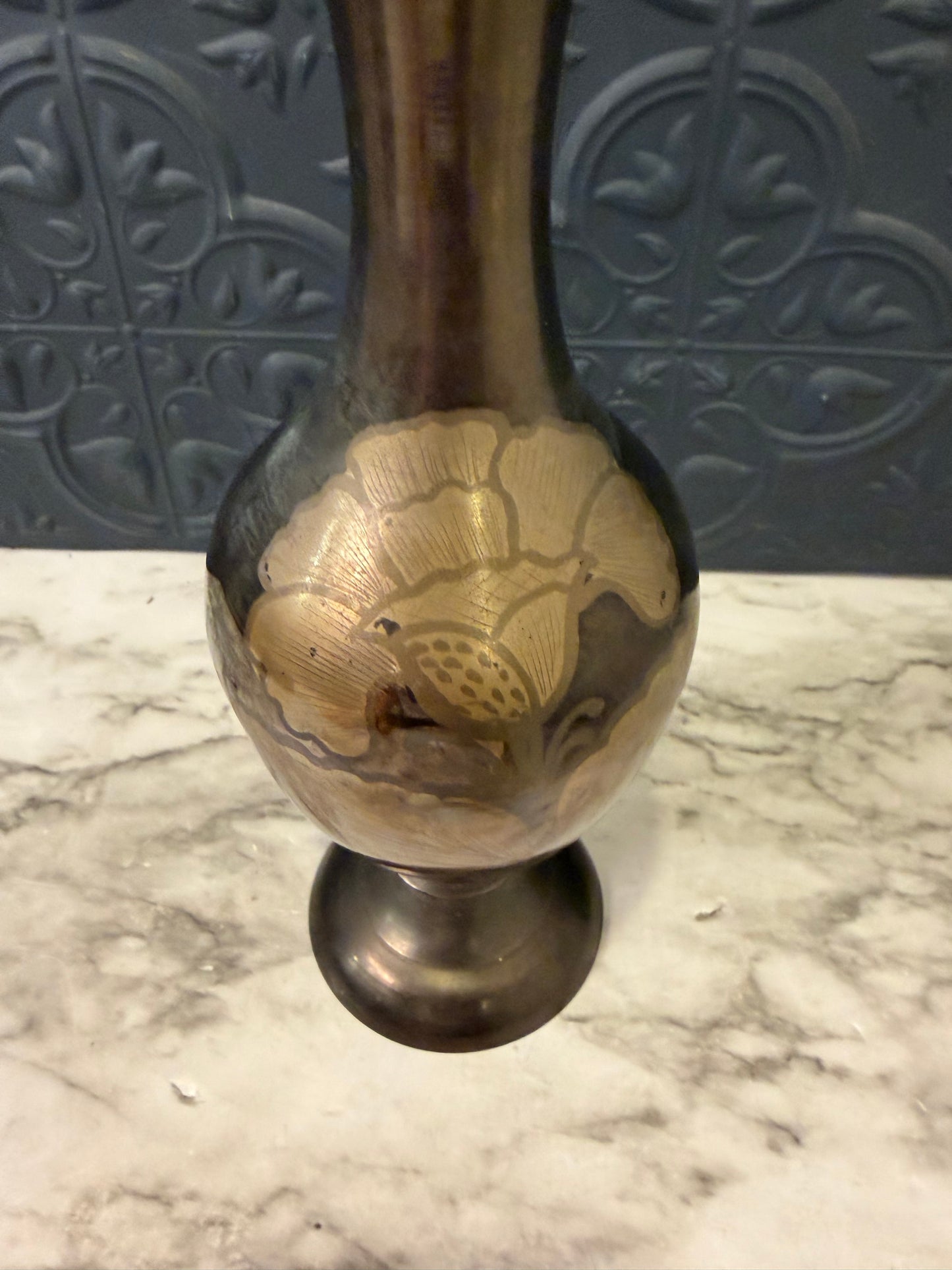 Gunmetal Brass Vase with Etched Flower