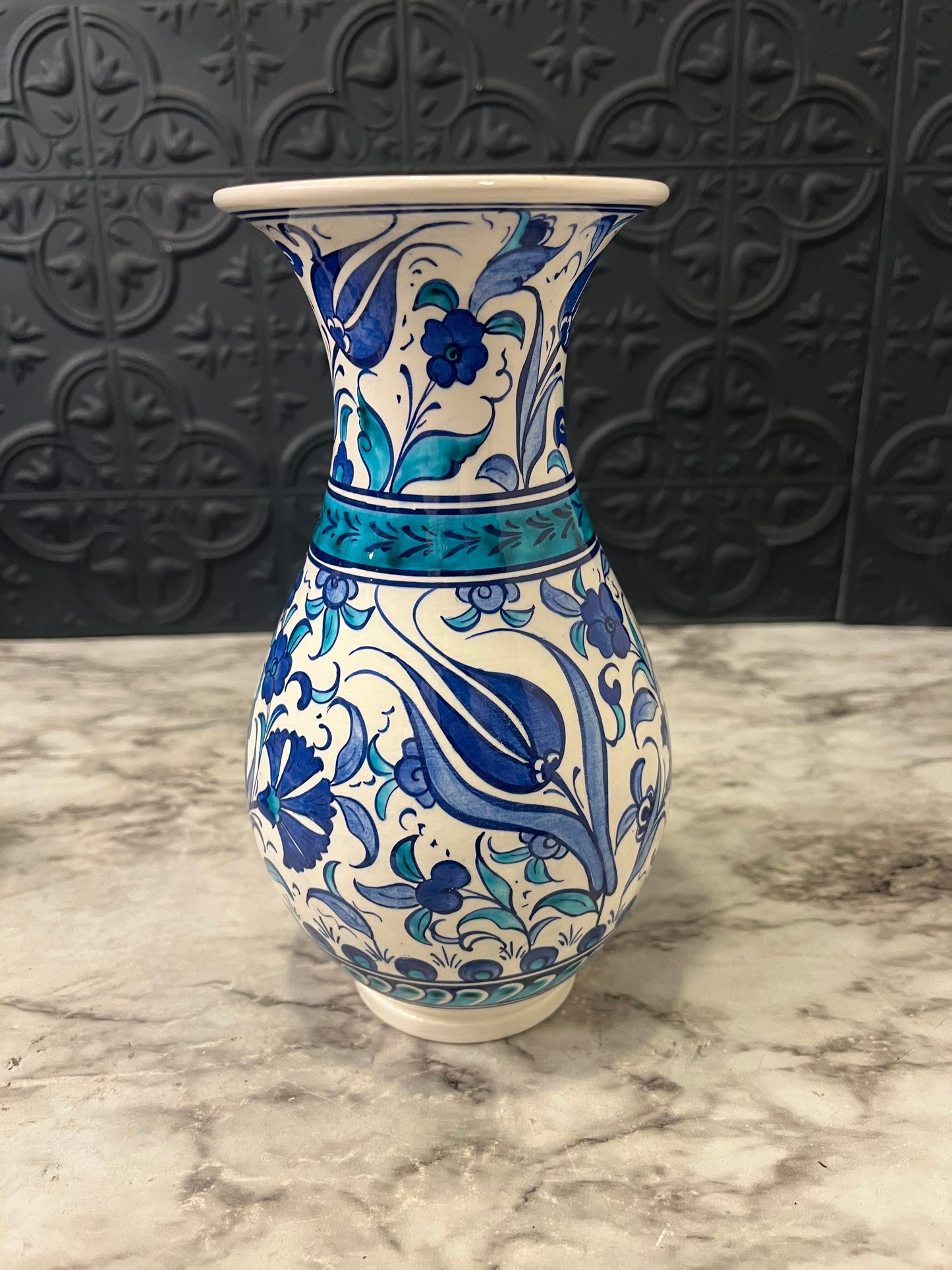 Turkish Pottery White Vase with blue and Turquoise