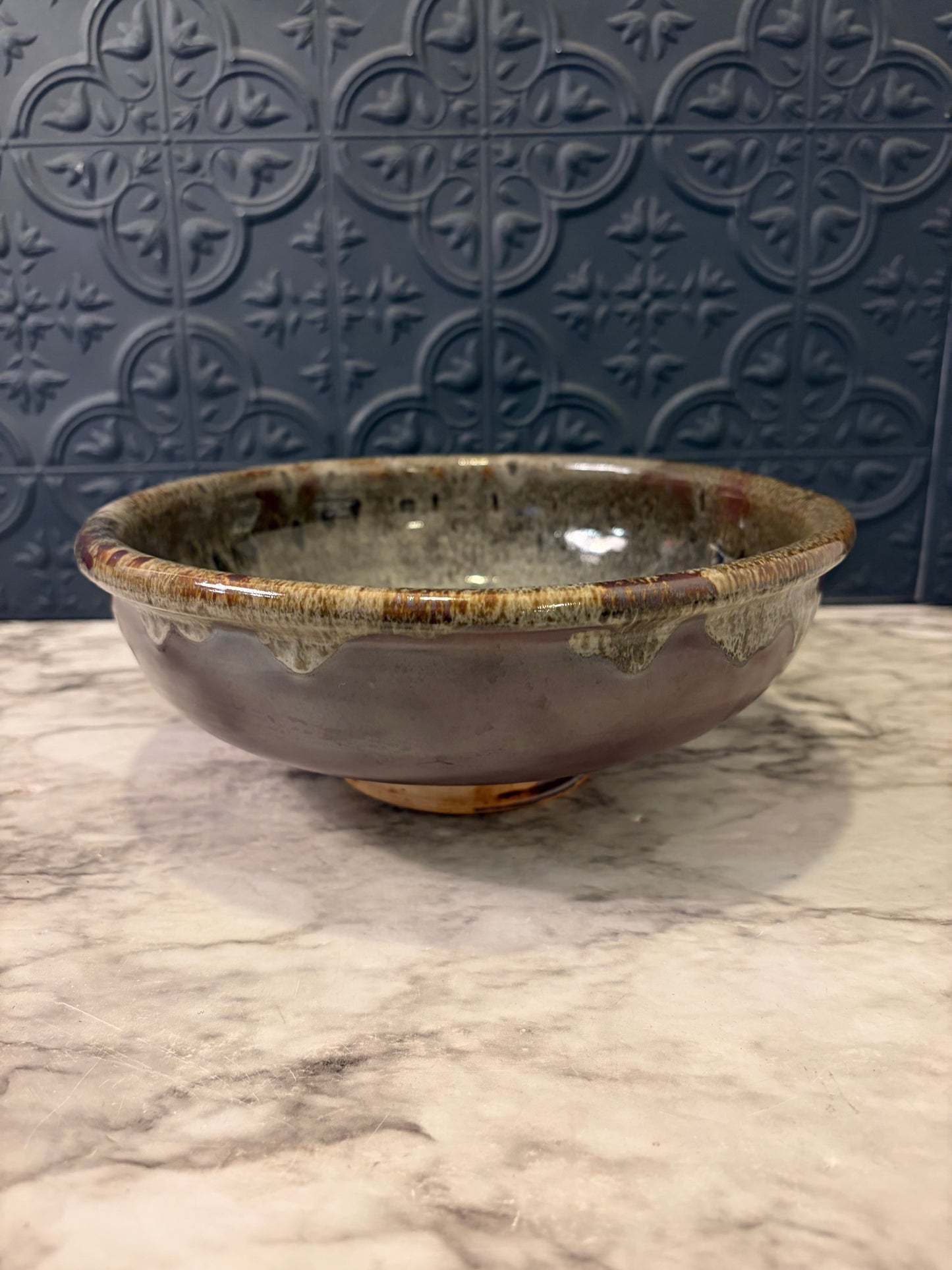 Purple and Green Pottery Bowl with Drip Finish