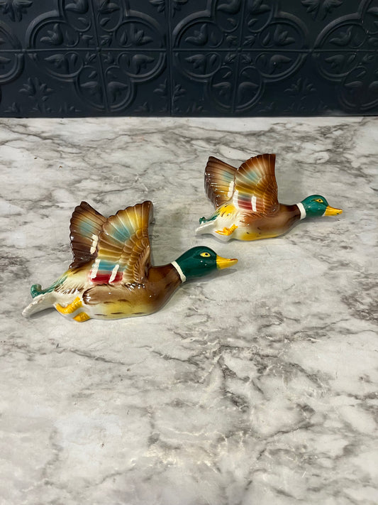 Mallard Duck flying duck wall pockets x2
