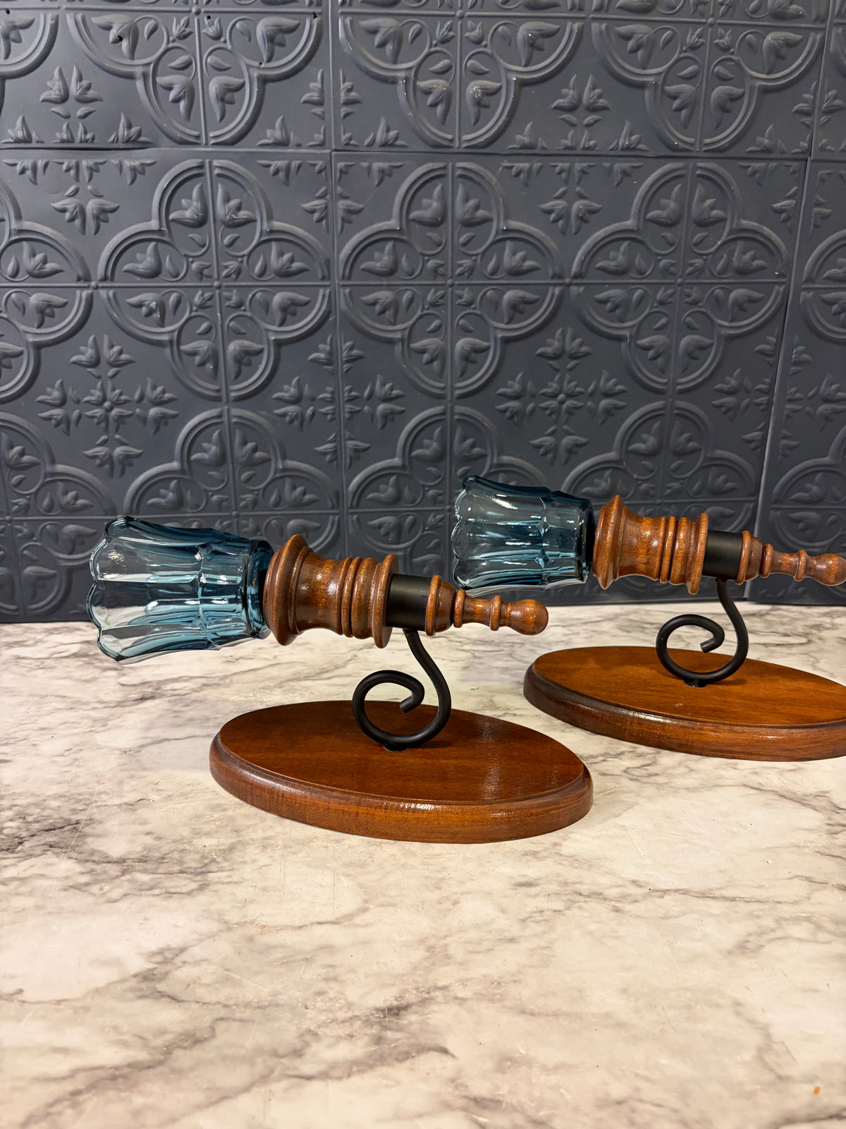 Wood Candle Sconces with Blue Votive Cups x2