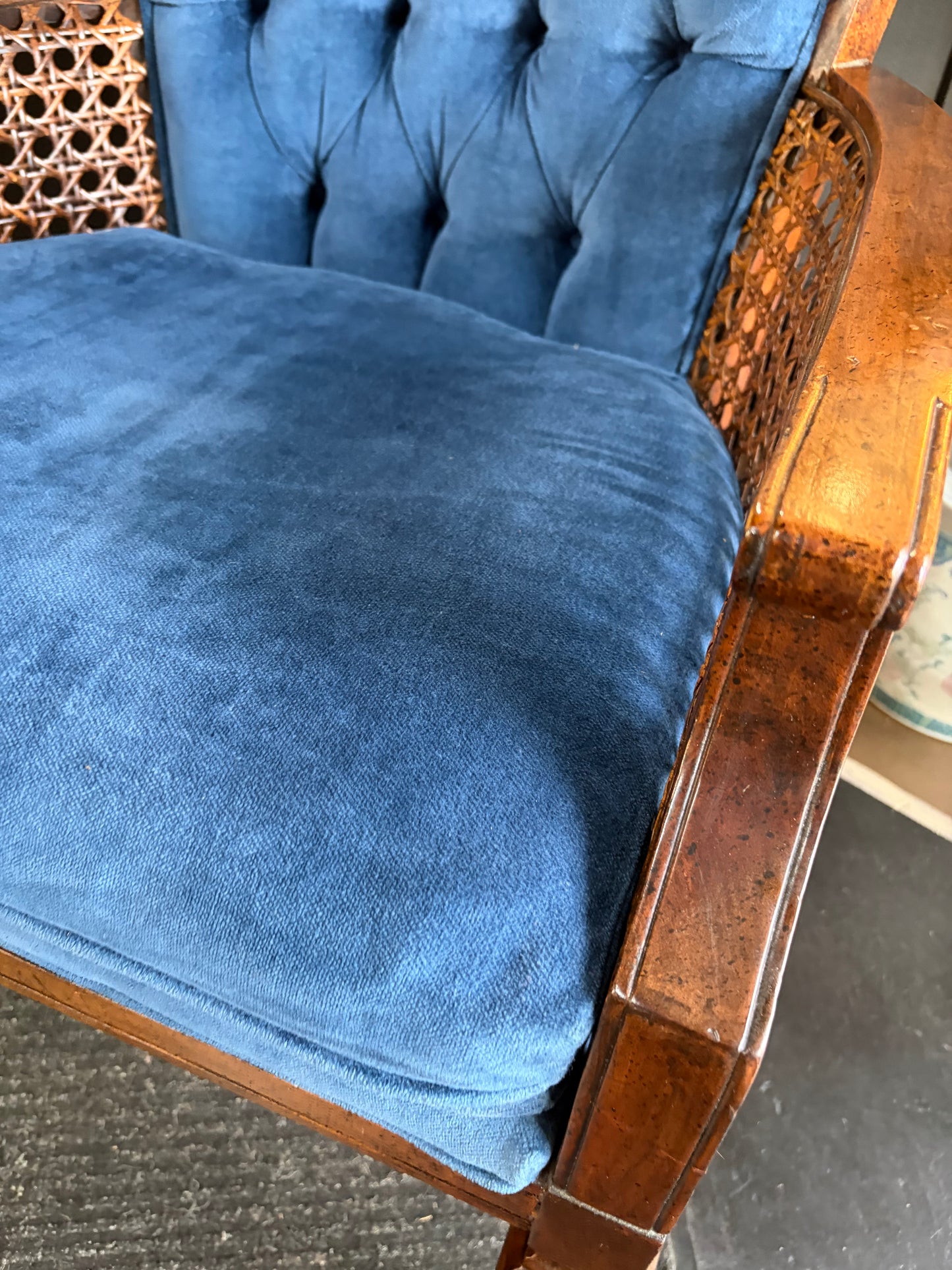 Dark Blue Velvet Tufted Chair with Cane