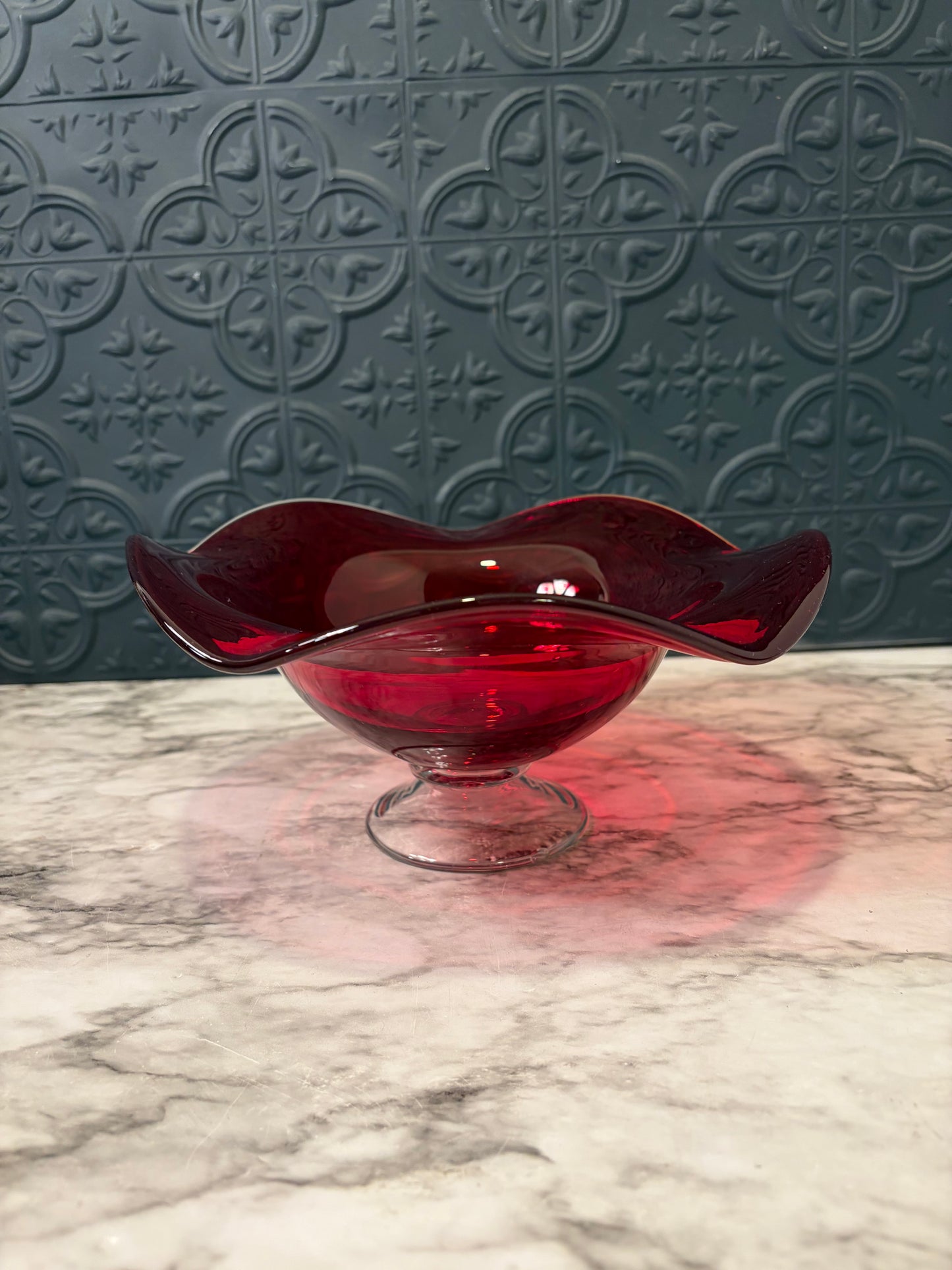Ruby Red Glass Pedestal Bowl