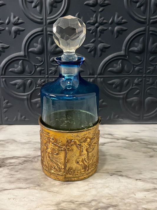 Blue Glass Jar with Gold Sleeve  and Crystal Stopper