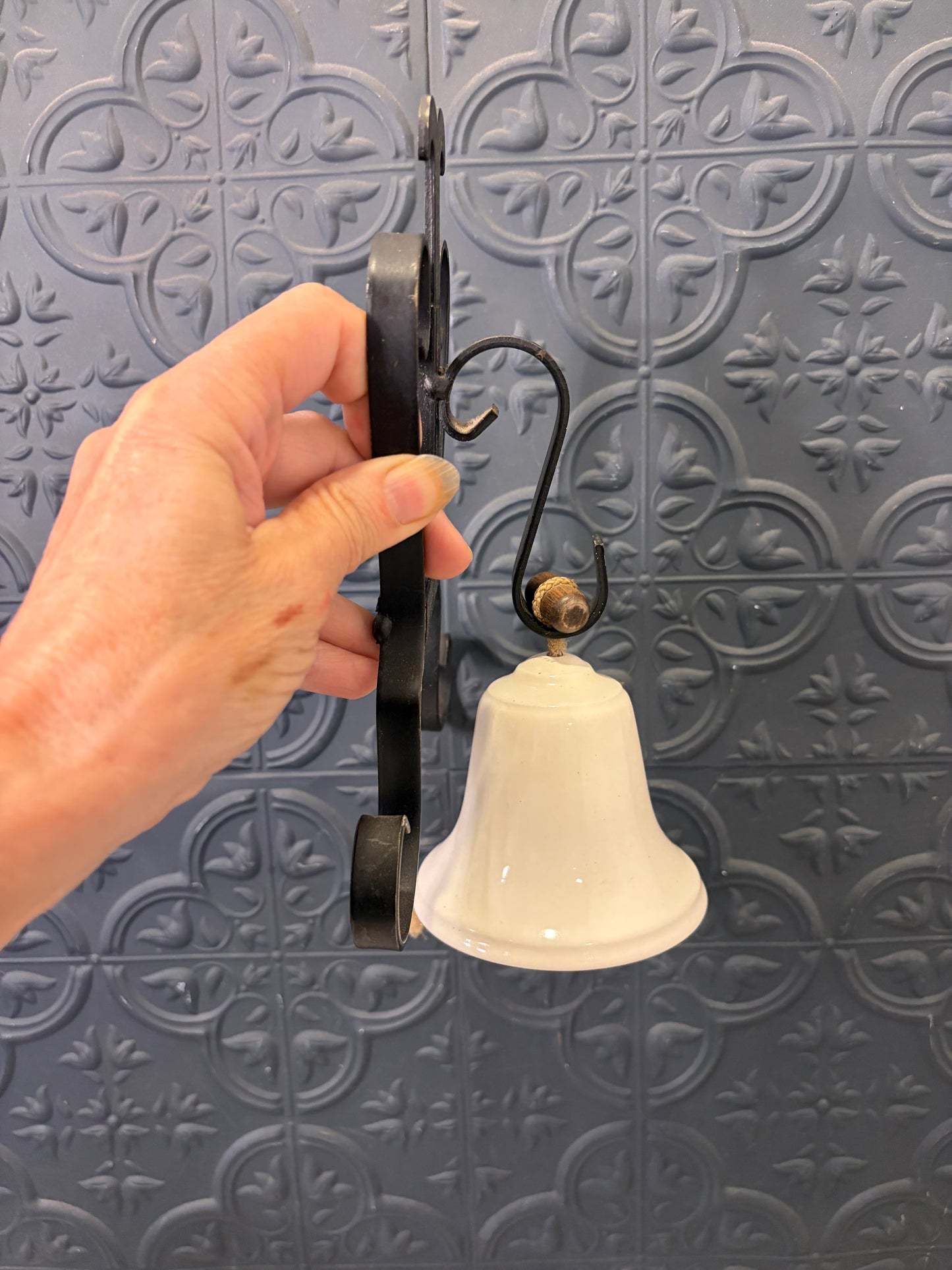 Vintage Wrought Iron and Ceramic Dinner Bell